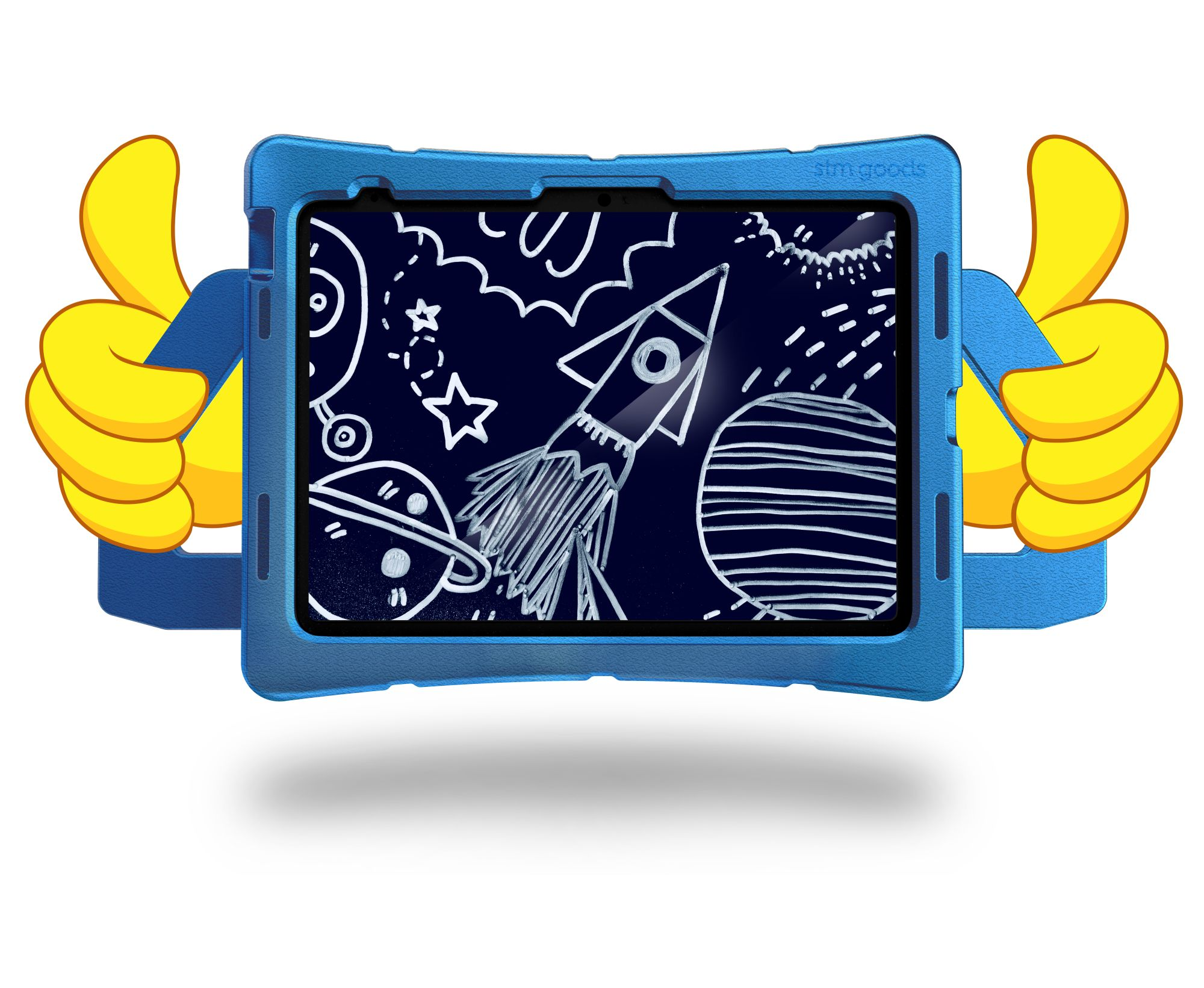 Ein blaues Tablet mit einer Zeichnung einer Rakete, Planeten und Sternen und gelben Daumen hoch.