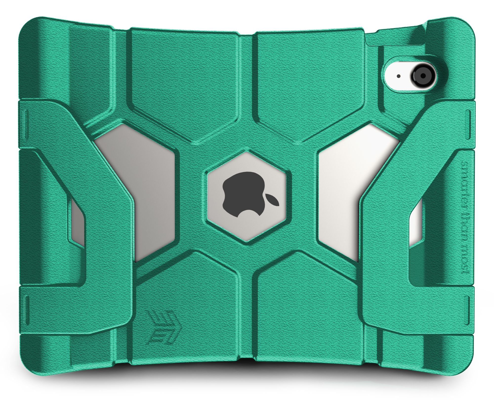 Grüne Tablethülle mit Apple-Logo und Kameraausschnitt.