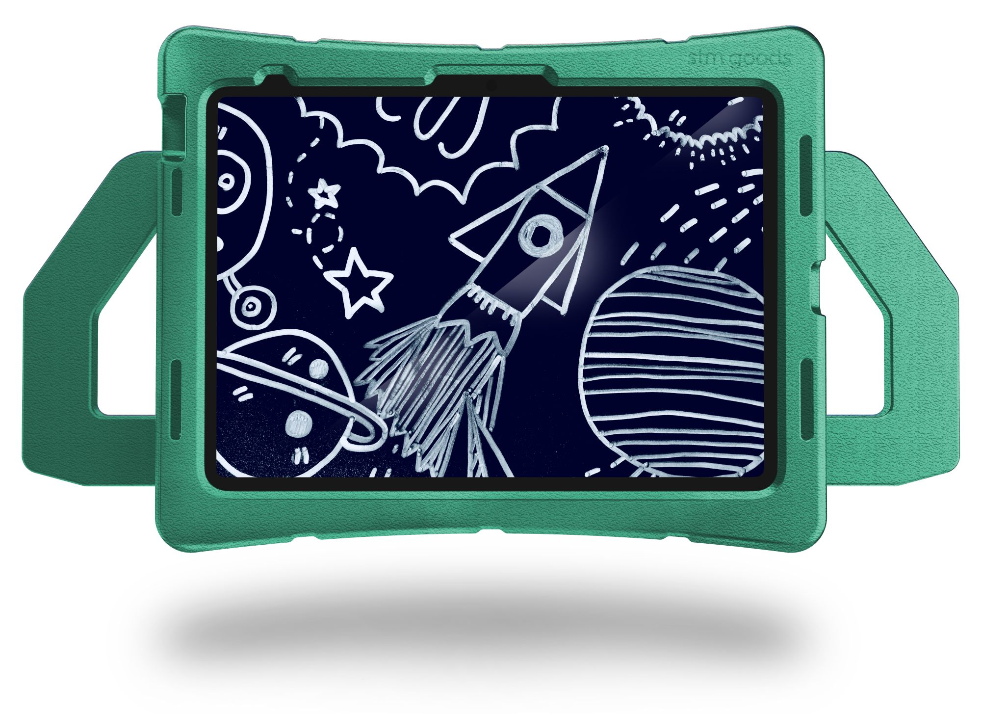 Eine grüne Tablethülle mit einem Tablet, das eine Raketenzeichnung zeigt.