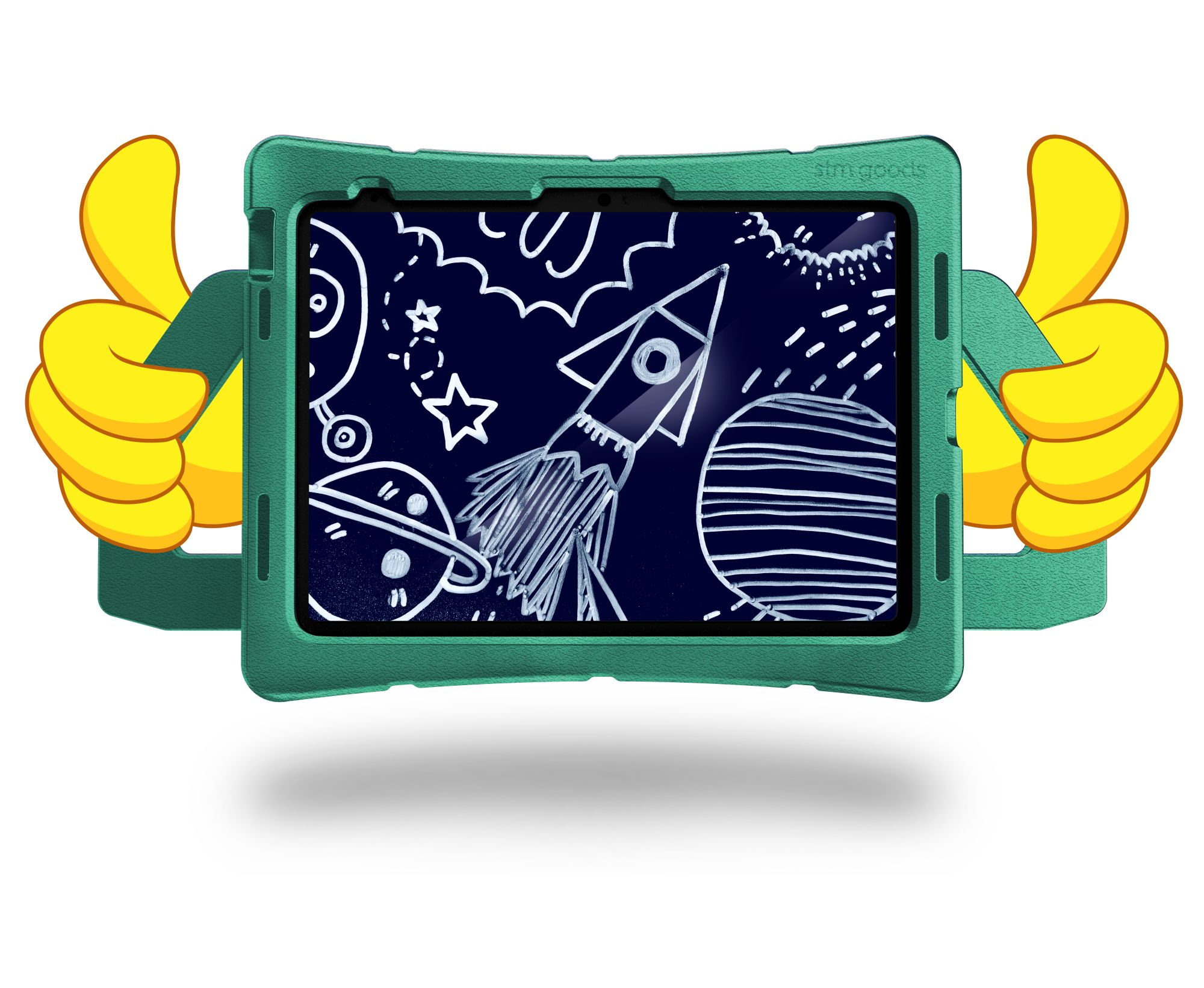 Eine grüne Tablet-Hülle mit einer Zeichnung einer Rakete, Planeten und Sternen auf dem Bildschirm. Daumen hoch Emojis.