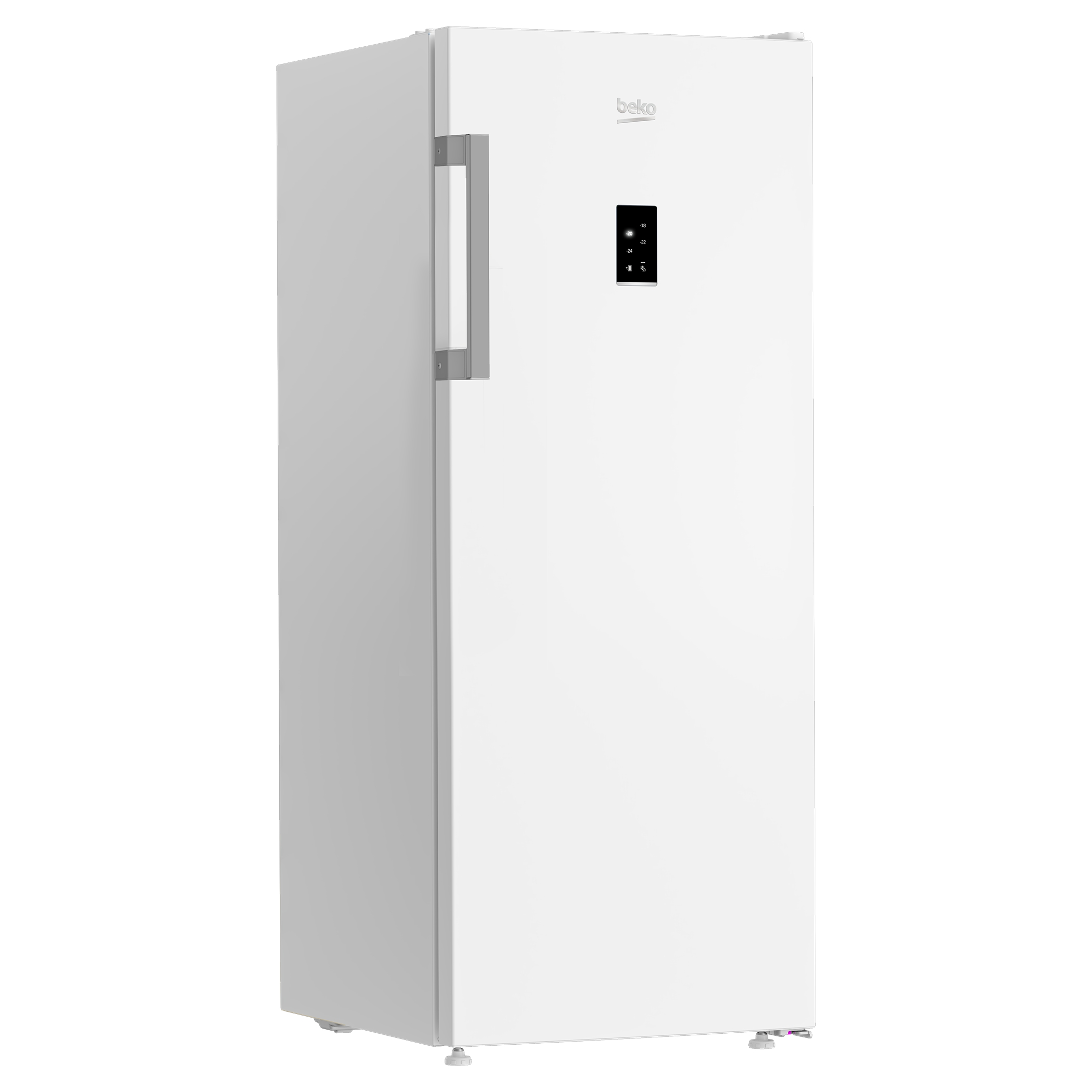Un congelador Beko blanco con asa plateada y pantalla digital frontal.