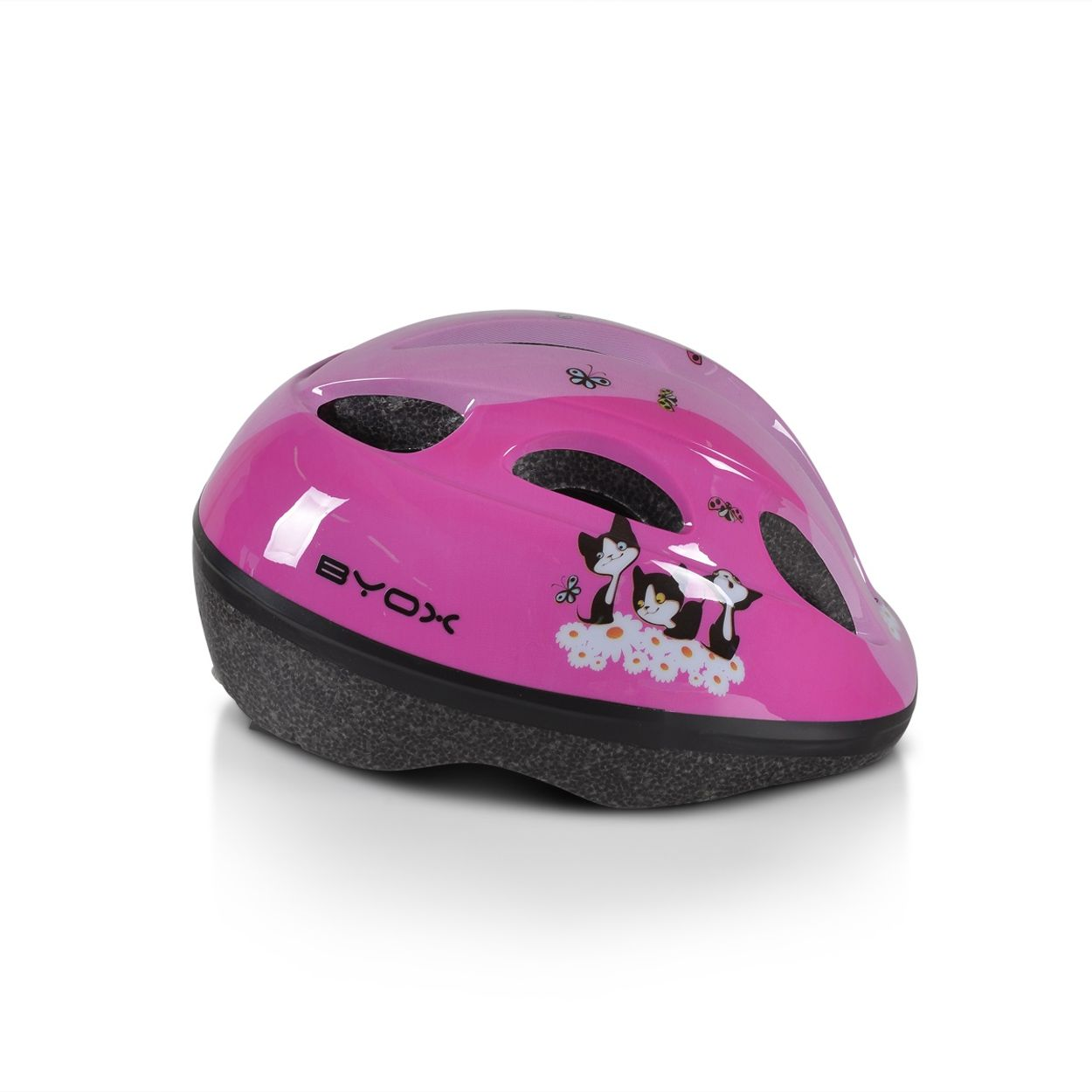 Pinker BYOX-Kinderhelm mit Cartoon-Katzen-Design, auf weißem Hintergrund.