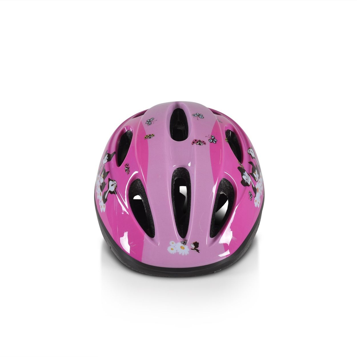 Ein rosa Kinderhelm mit Blumen- und Cartoon-Motiven, weißer Hintergrund.