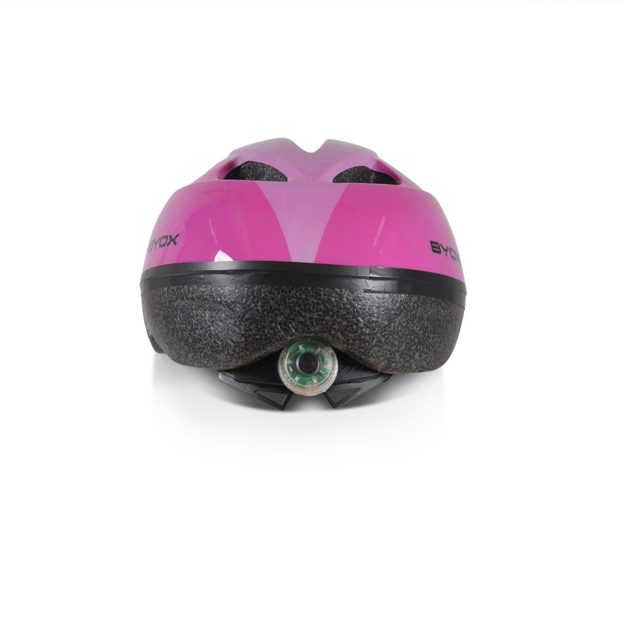 Ein pinkfarbener Fahrradhelm mit Licht hinten. Der Helm ist auf weißem Hintergrund und gut beleuchtet.
