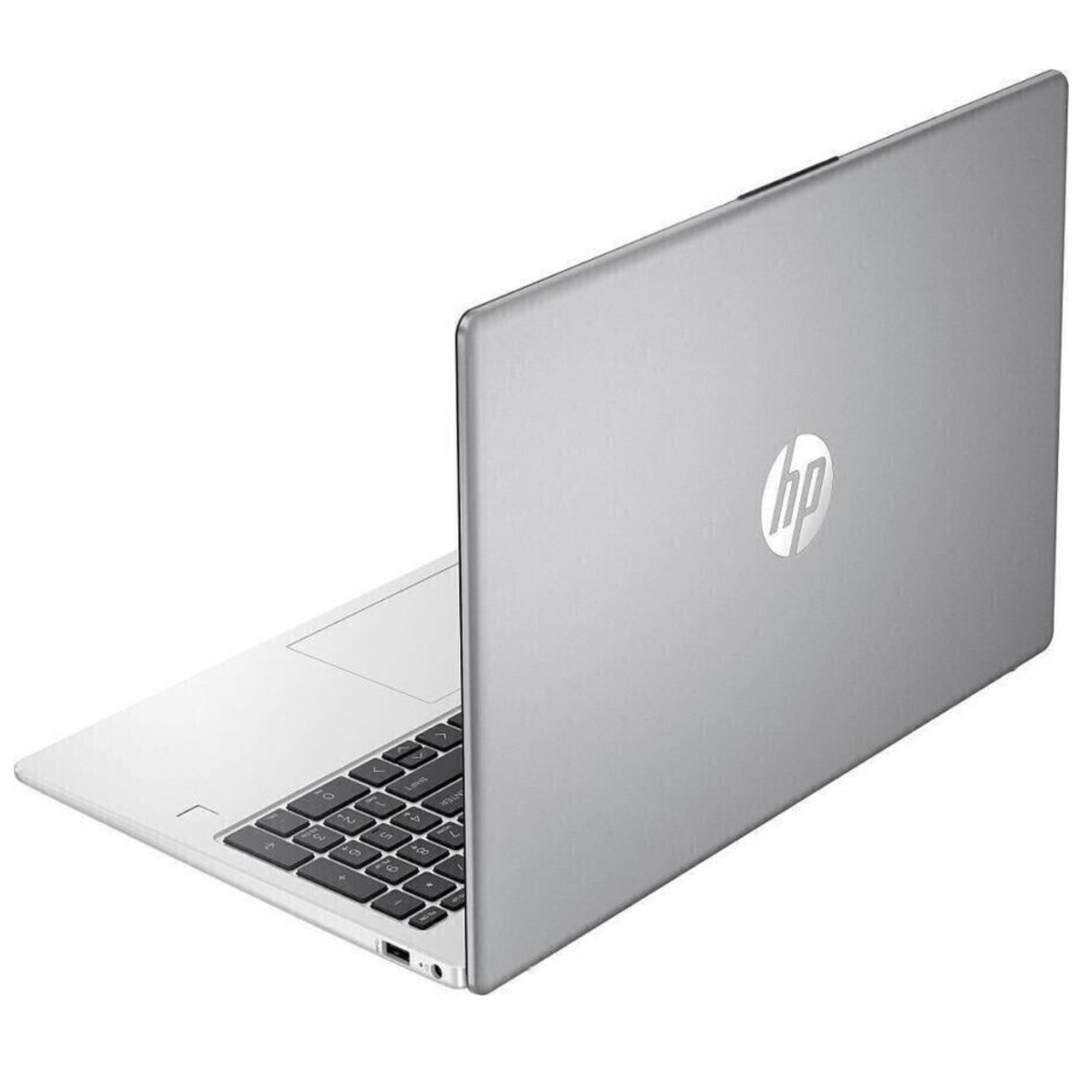 Laptop von hinten. Silberfarben. HP-Logo auf dem Deckel. Tastatur sichtbar.