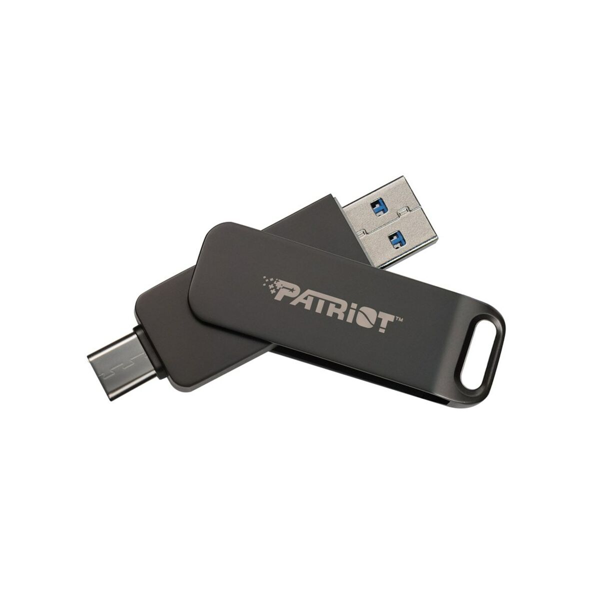 Czarny pendrive z logo Patriot. Widoczne złącza USB-A i USB-C.