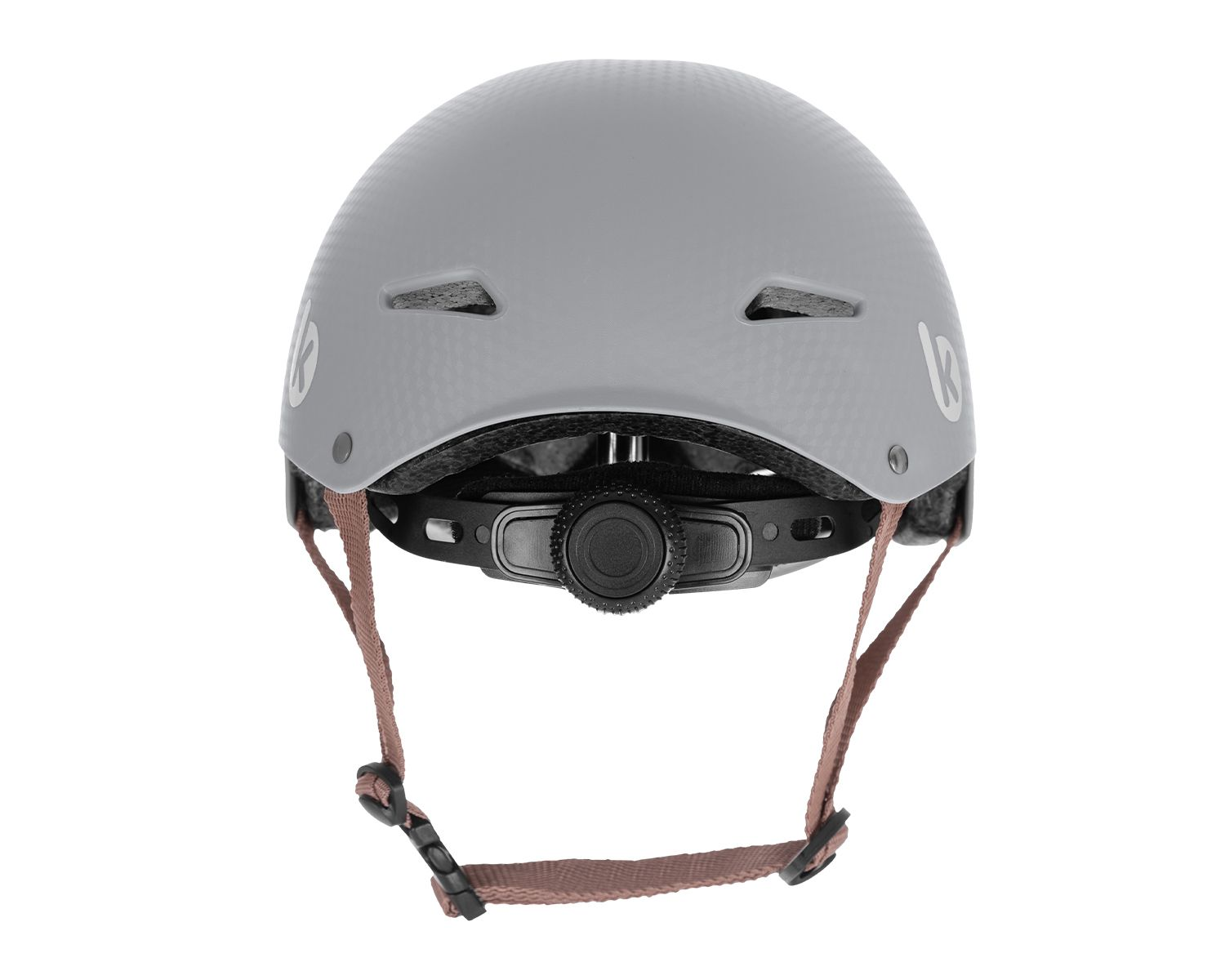 Ein grauer Fahrradhelm mit braunen Riemen und einem schwarzen Verstellknopf.