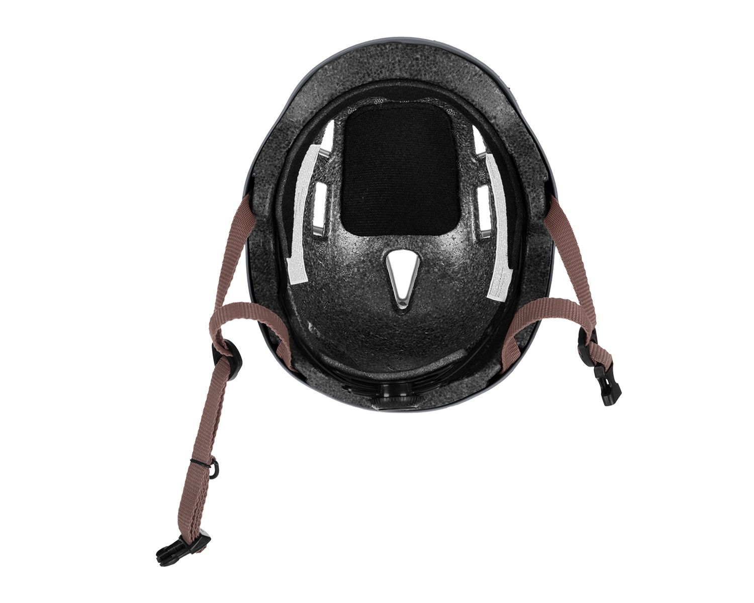Innenansicht eines schwarzen Helms mit braunen Riemen und schwarzem Innenraum.