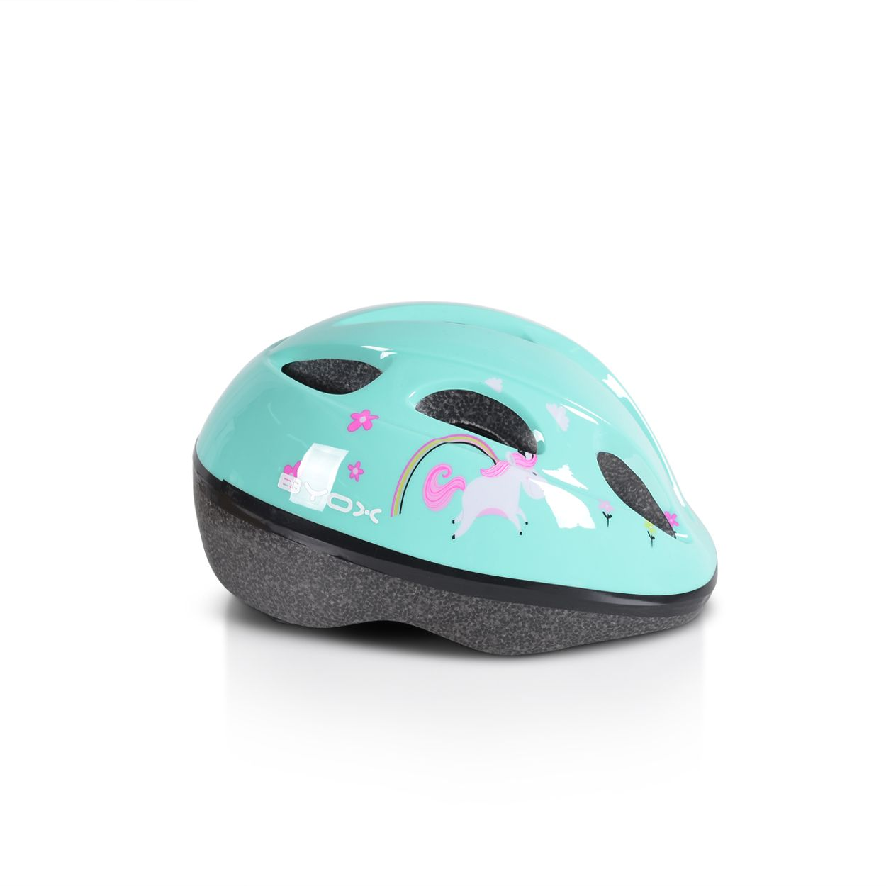 Blauer Kinderhelm mit Einhorn-Design. Er hat einen schwarzen Rand und liegt auf weißem Grund.