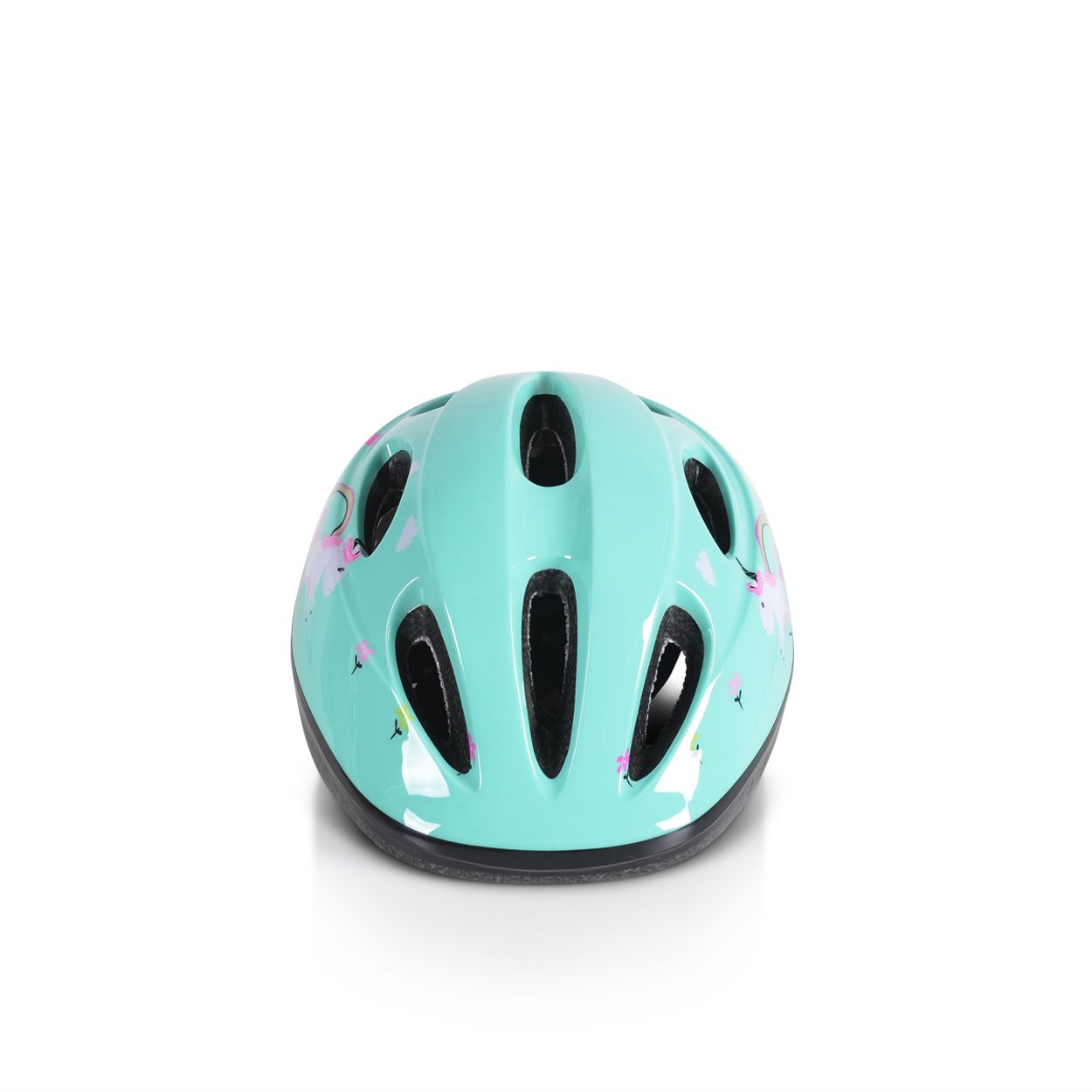 Ein türkisfarbener Fahrradhelm mit schwarzen Belüftungsöffnungen und floralen Designs auf weißem Grund.