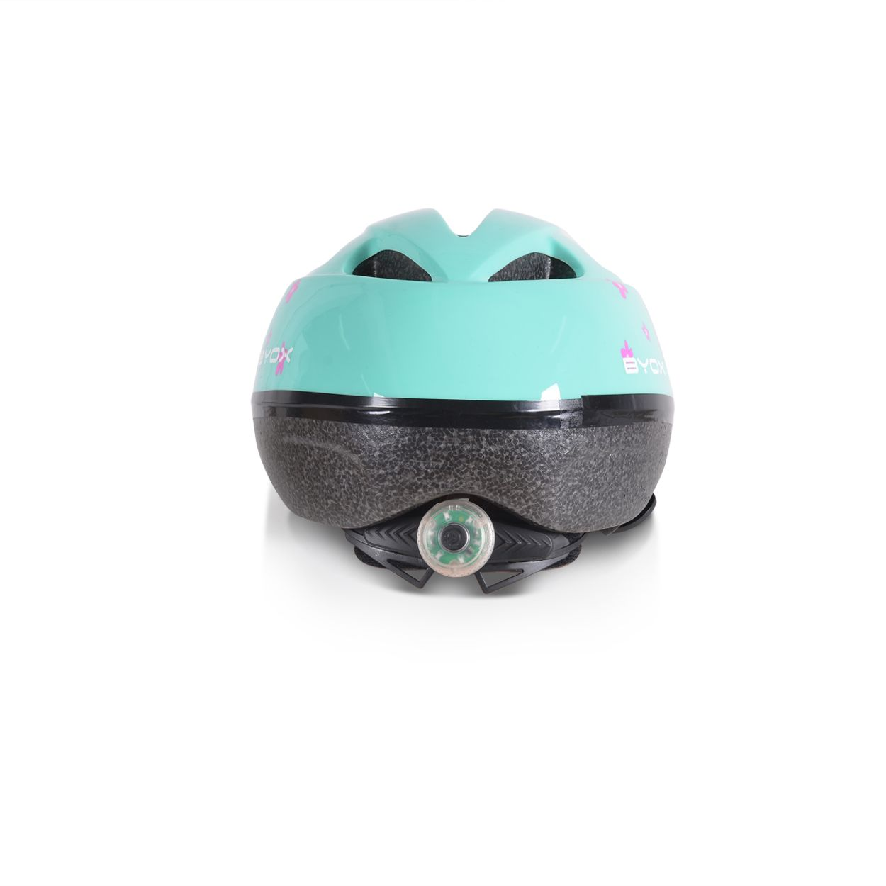 Blau-grauer Fahrradhelm mit Licht hinten.
