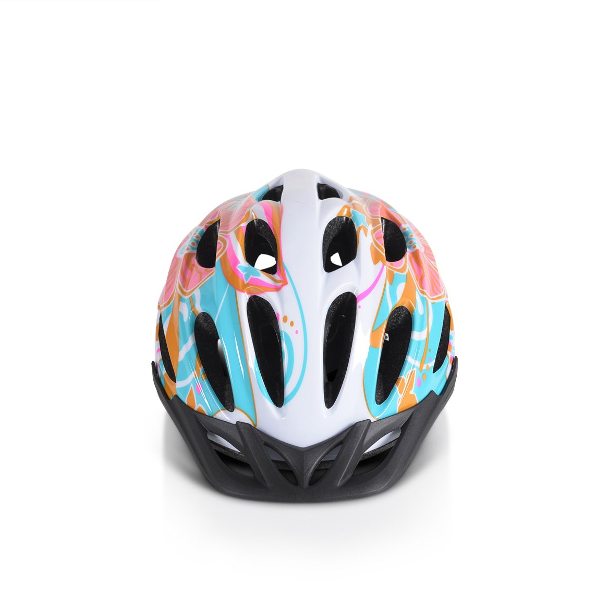 Weißer Fahrradhelm mit blauem, orangefarbenem und rosa Blumendesign. Schwarze Basis und Belüftungsöffnungen. Frontansicht, isoliert.