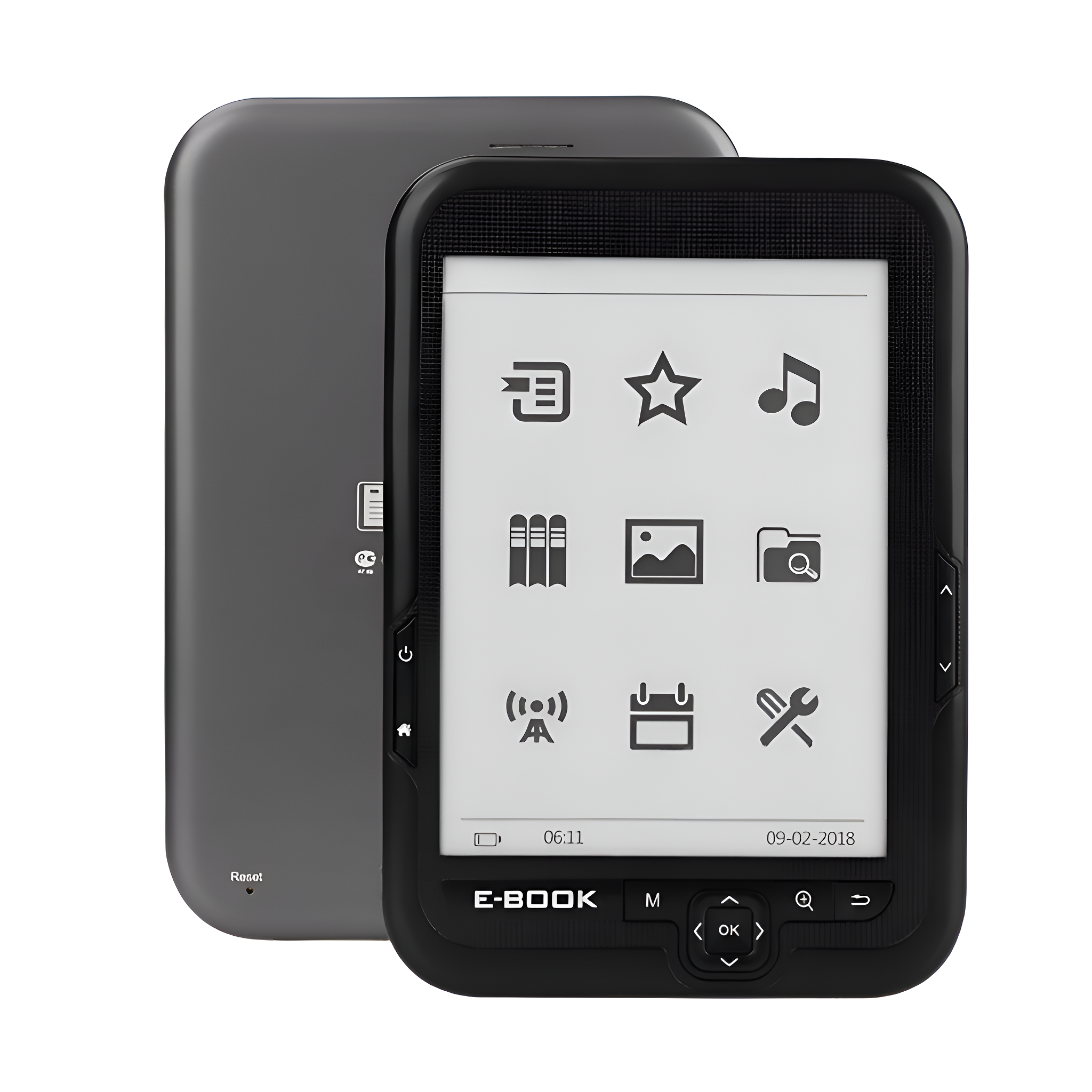 Ein E-Reader, schwarz mit grauem Rücken. Der Bildschirm zeigt Symbole für Dateien, Musik und Einstellungen.