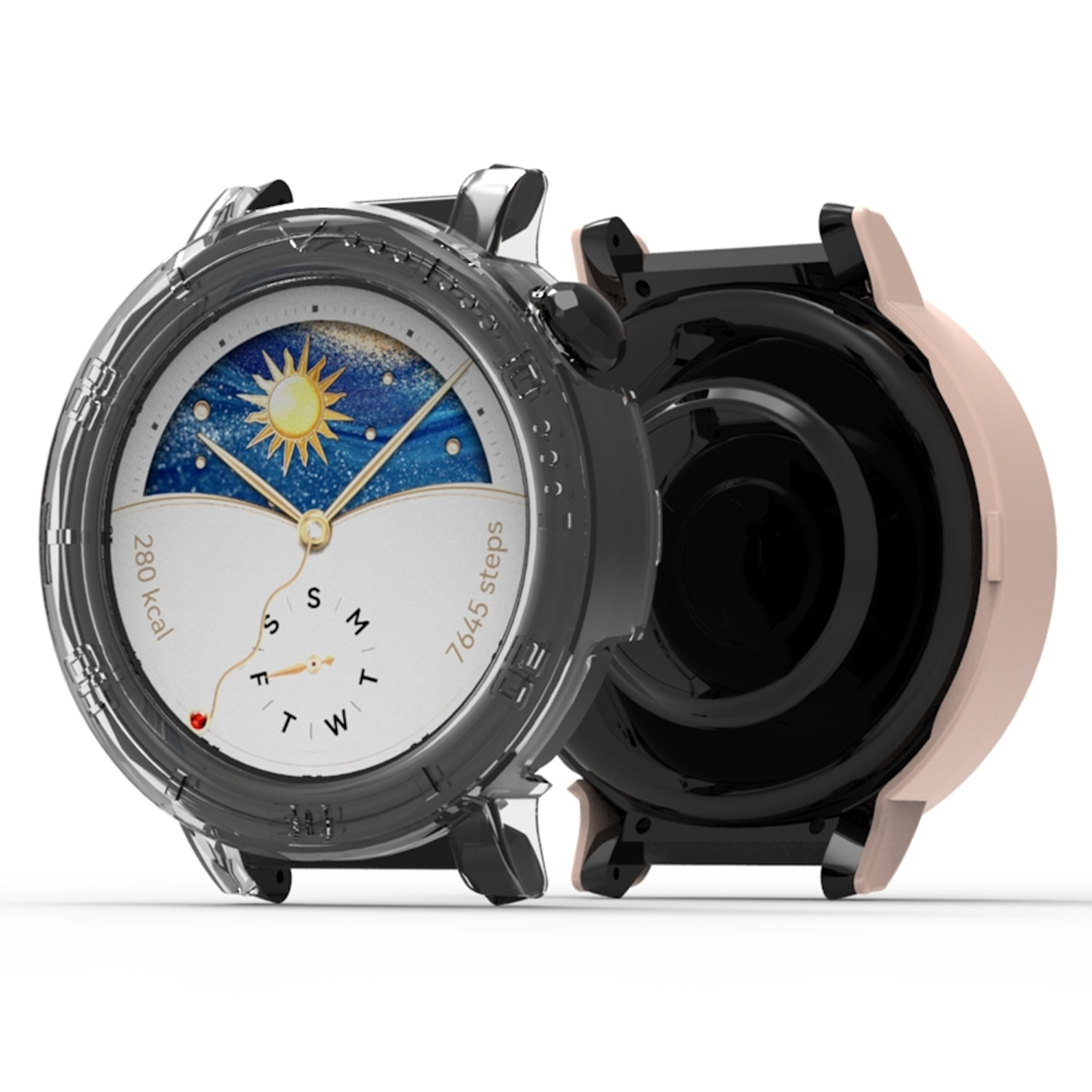 Eine Smartwatch mit transparentem Gehäuse. Es zeigt Schritte, Kalorien und Uhrzeit an.