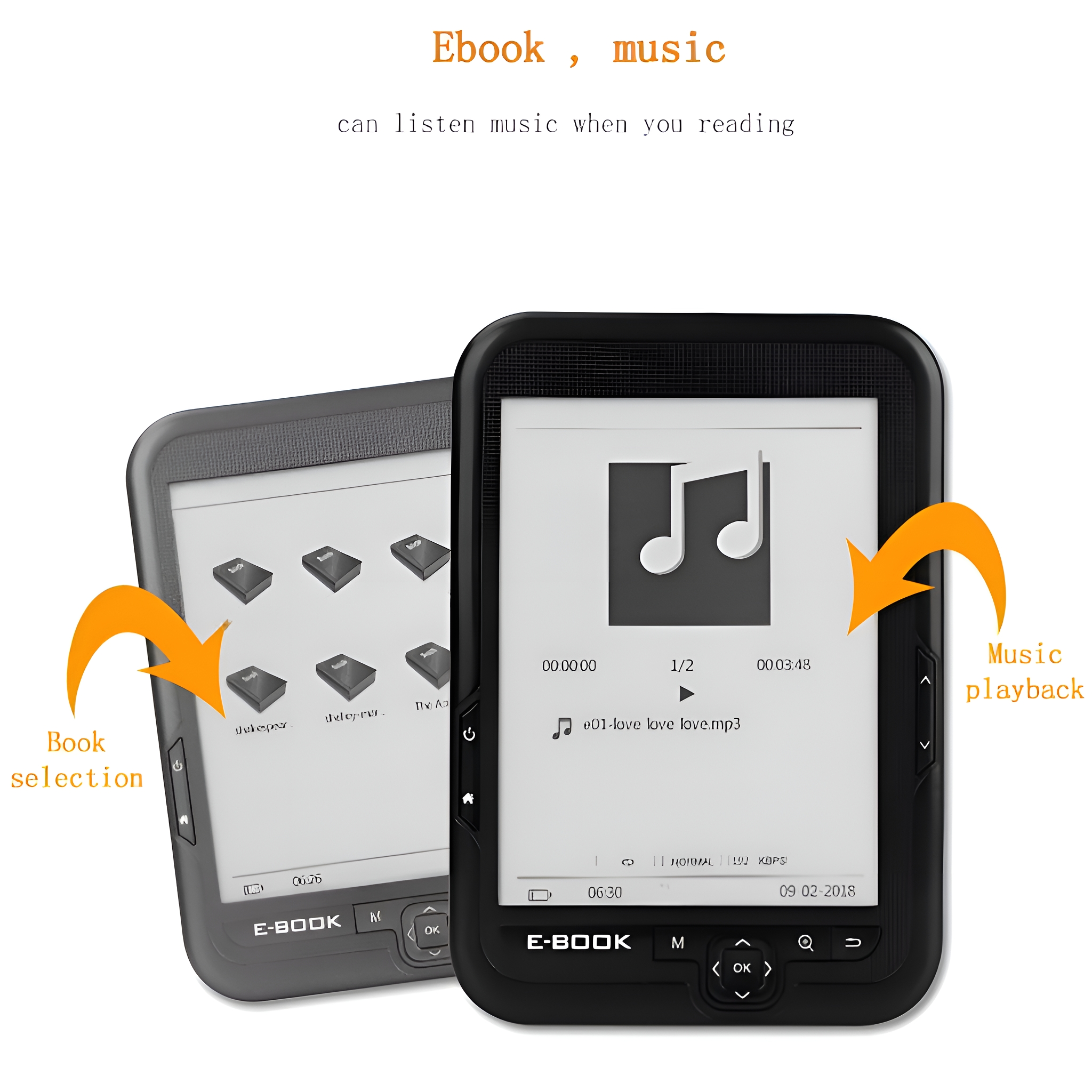 Zwei E-Book-Reader, einer zeigt Musiksteuerung, der andere eine Bücherliste.