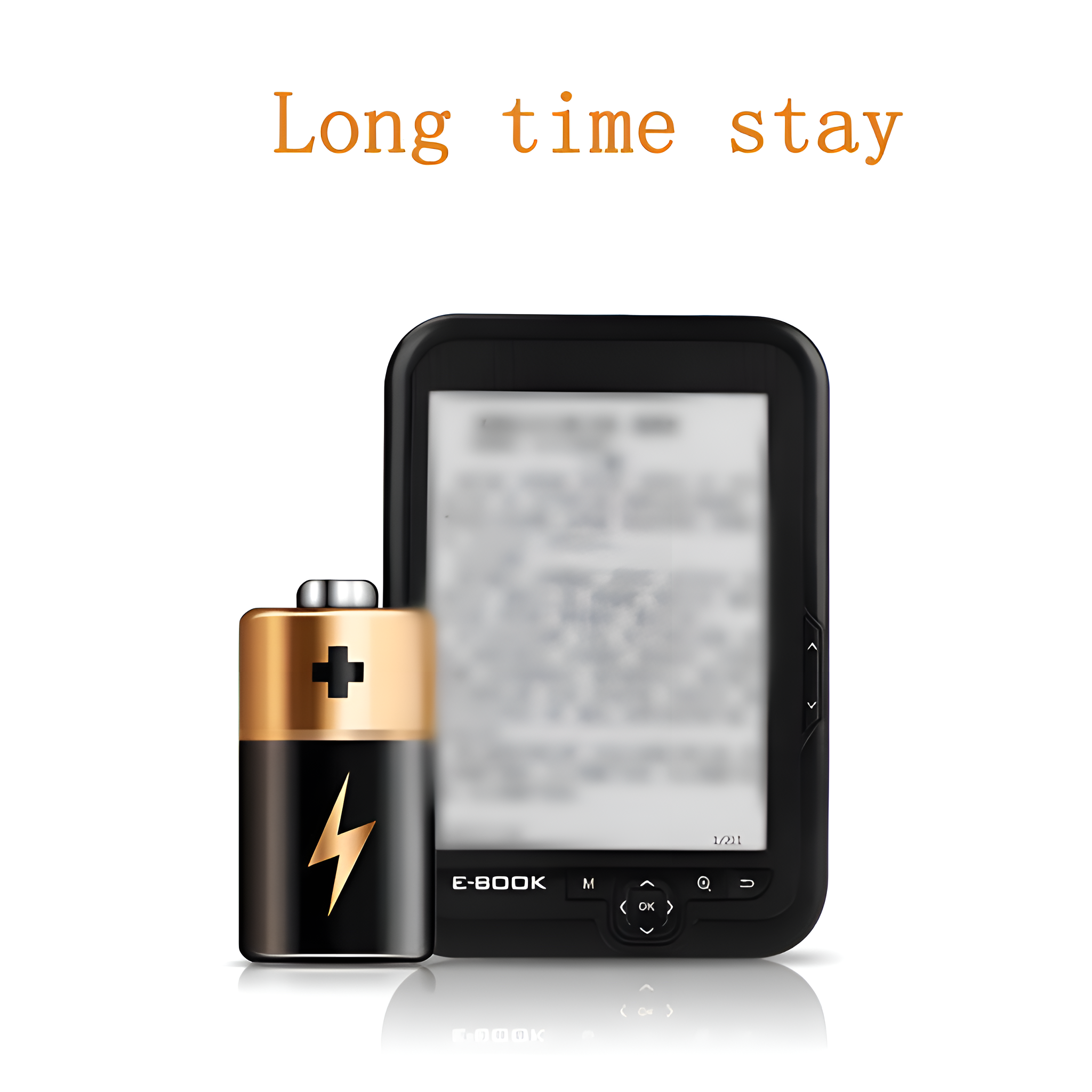Ein E-Book-Gerät mit einer Batterie daneben. Schwarzes Gerät. Weißer Hintergrund.