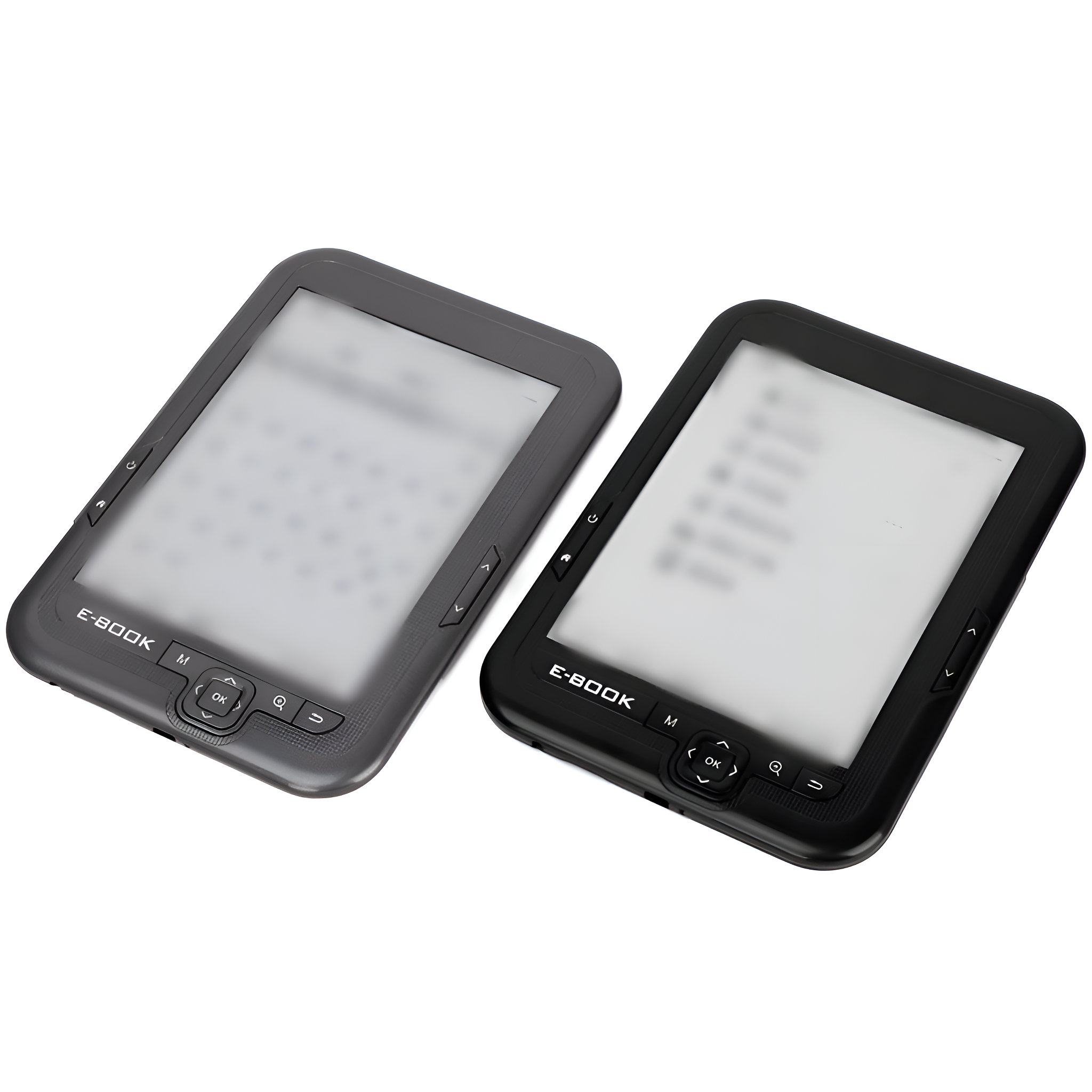 Zwei E-Book-Reader, einer grau und einer schwarz. Beide haben Bildschirme und Knöpfe an den Seiten.