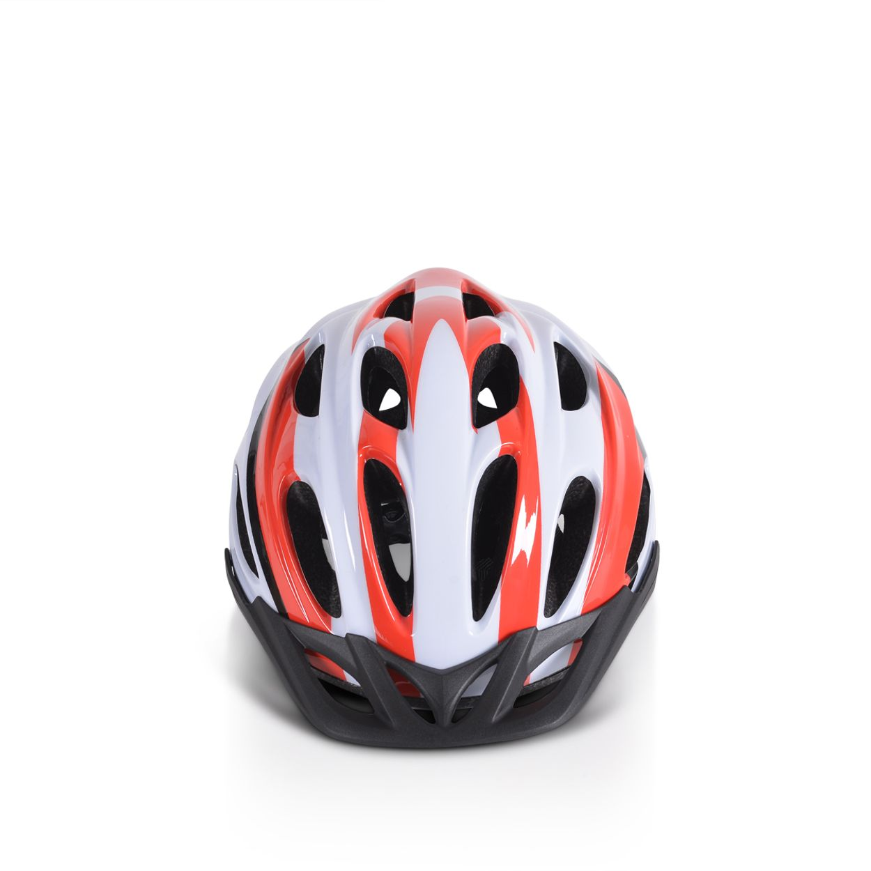 Ein rot-weißer Fahrradhelm wird auf weißem Hintergrund angezeigt.