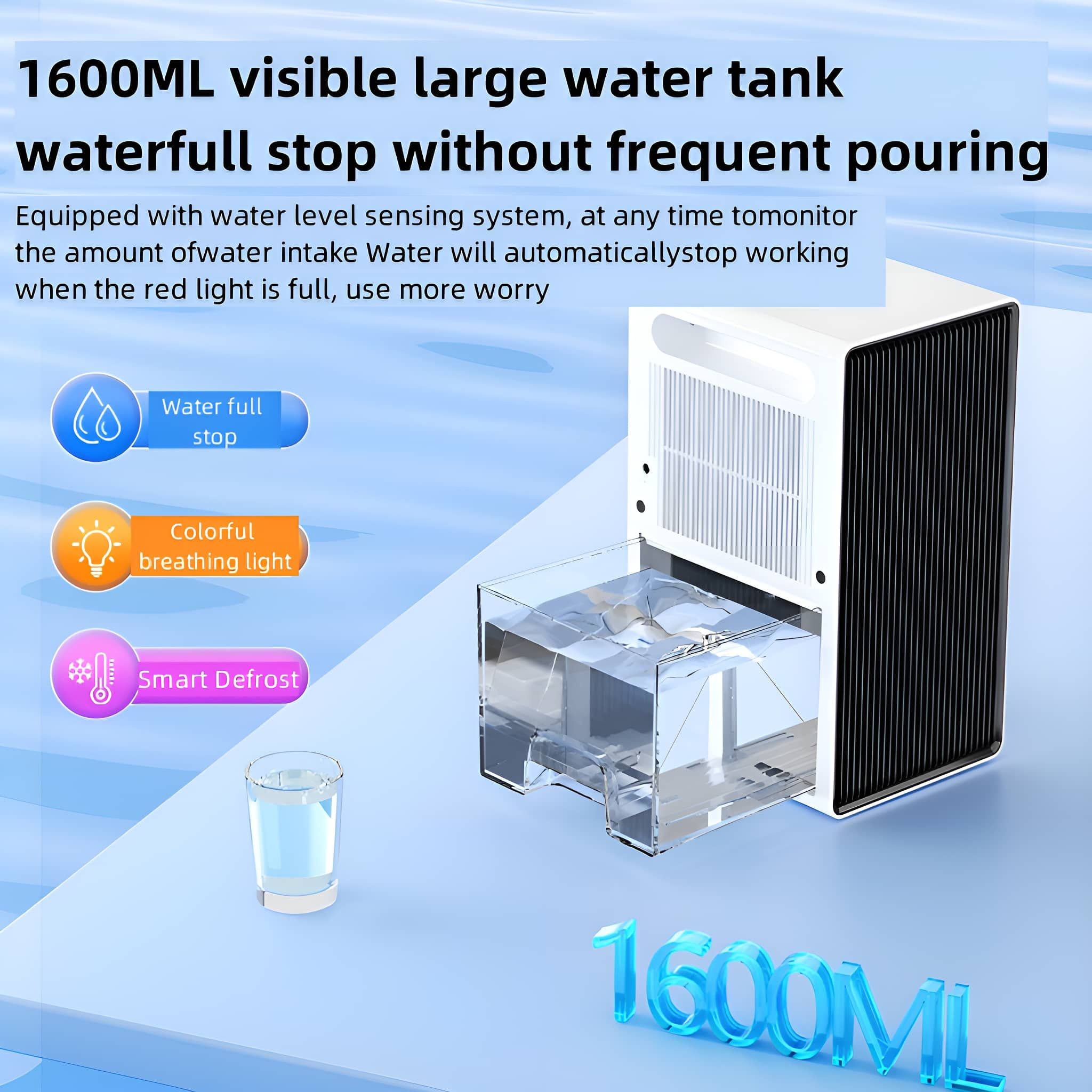 Ein weißer Luftbefeuchter mit Wassertank. Merkmale: Wasserstopp, farbiges Atemlicht.