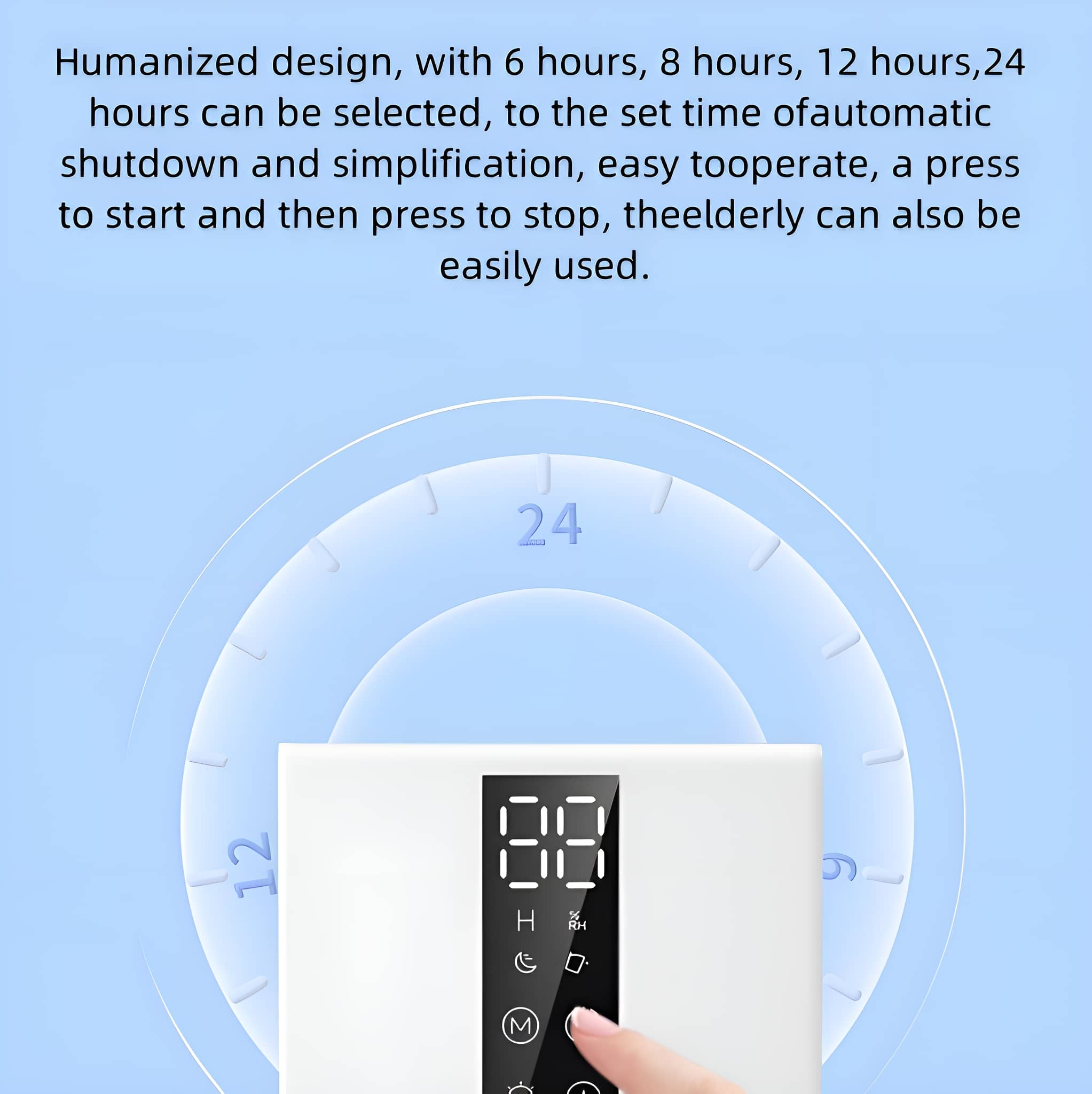 Ein weißer digitaler Timer mit blauem Hintergrund und einer Hand, die eine Taste auf dem Display drückt.