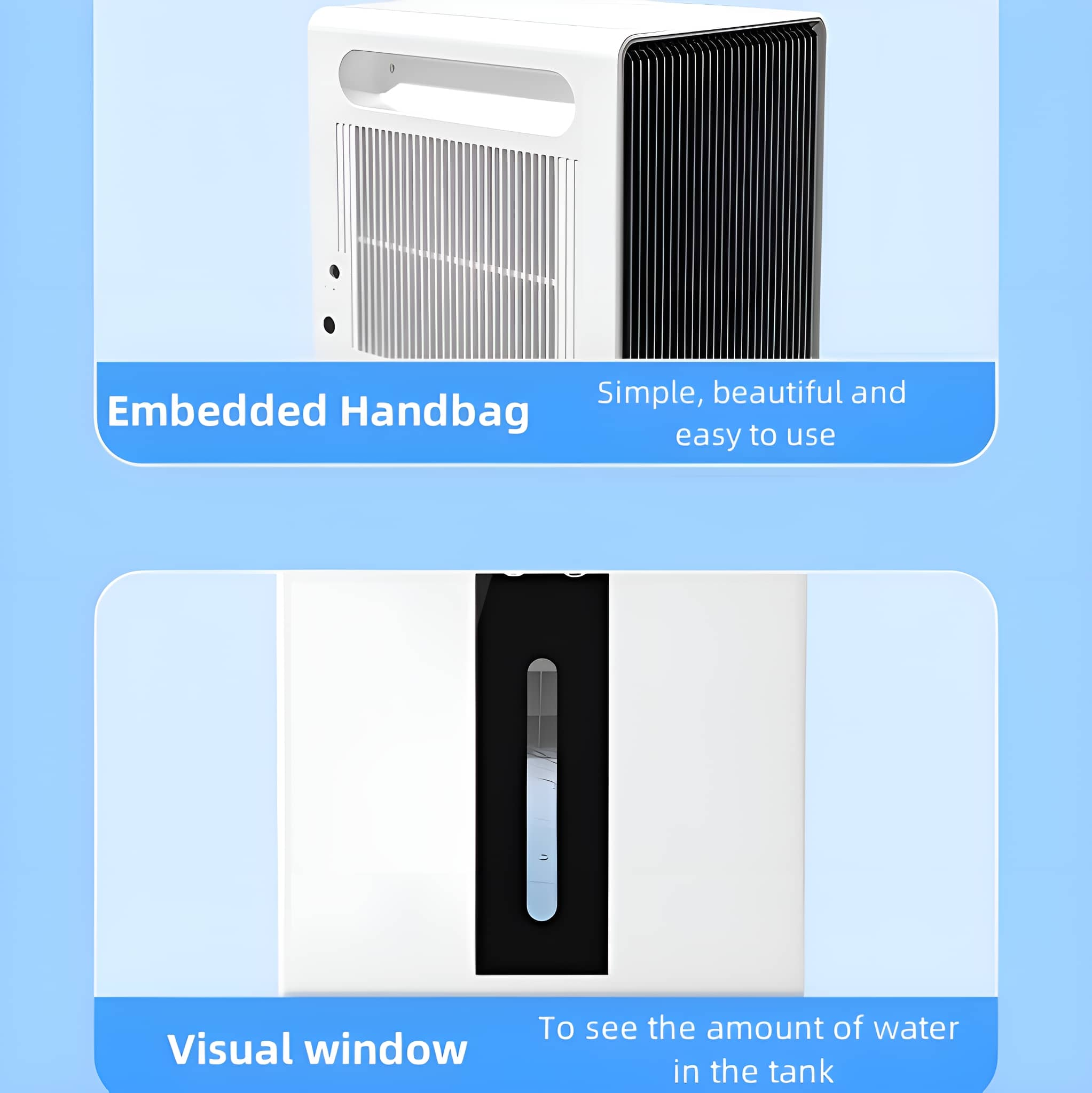 Ein weißer Luftreiniger mit Details zum Lufteinlass und dem Wasserstandfenster.