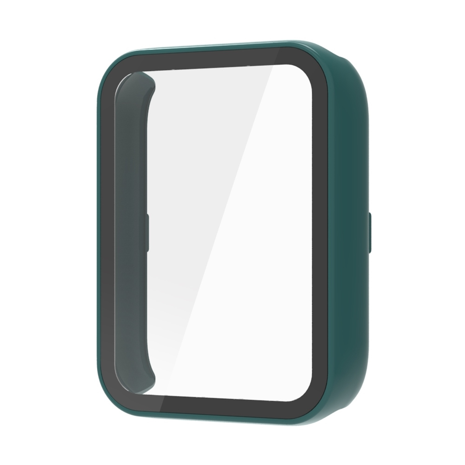 Una custodia per orologio verde con schermo trasparente. La custodia ha una cornice esterna verde scuro.