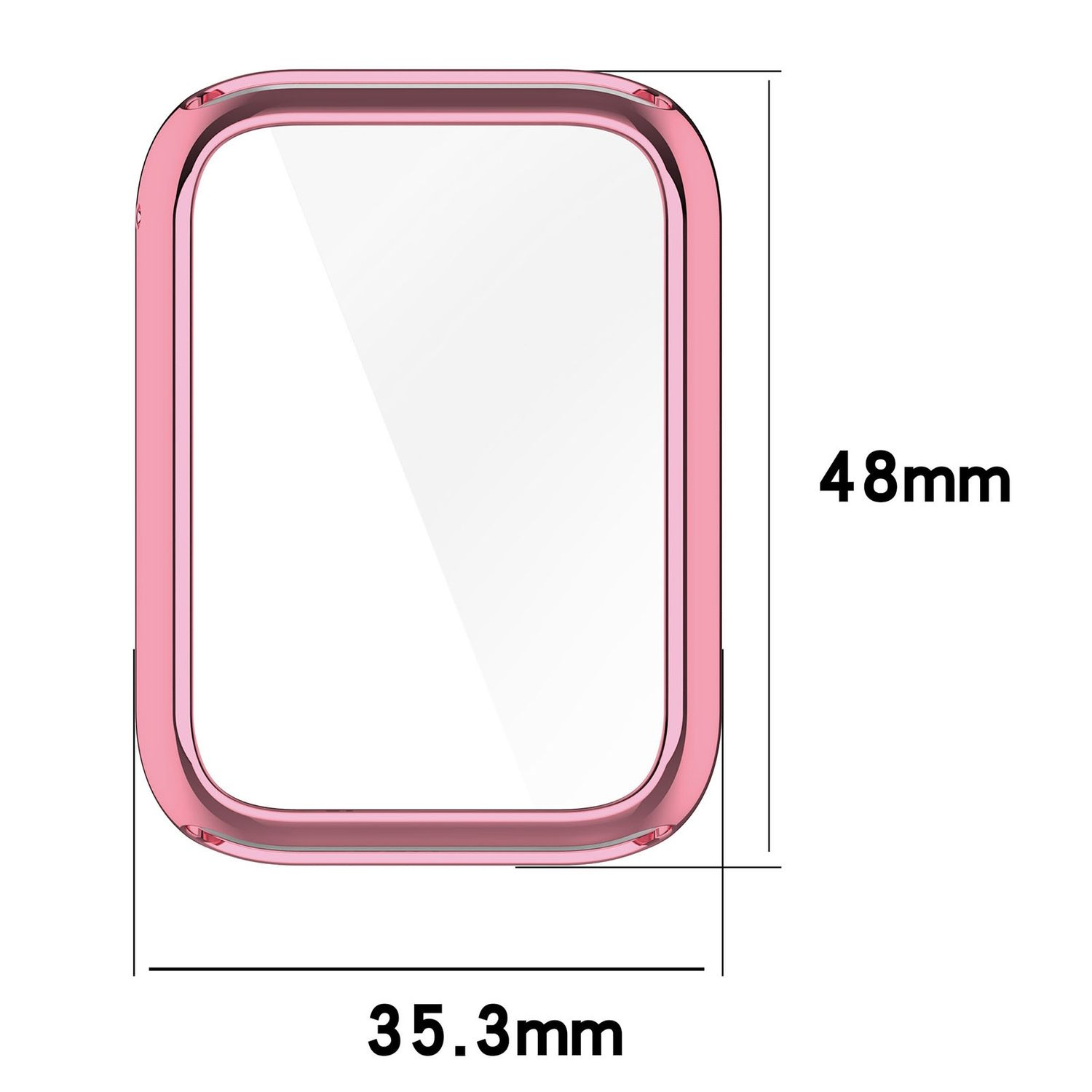 Ein rosa Uhrengehäuse mit den Maßen 48 mm x 35,3 mm, im Inneren befindet sich ein klarer Displayschutz.