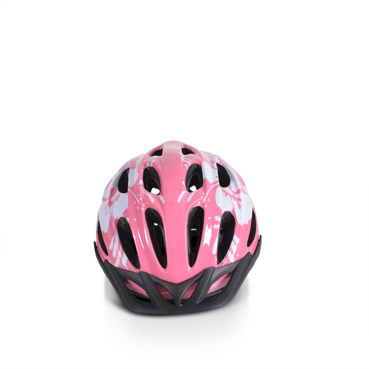 Rosa Fahrradhelm mit weißem Blumenmuster. Schwarze Belüftungsöffnungen und Riemen. Isoliert auf weißem Hintergrund.