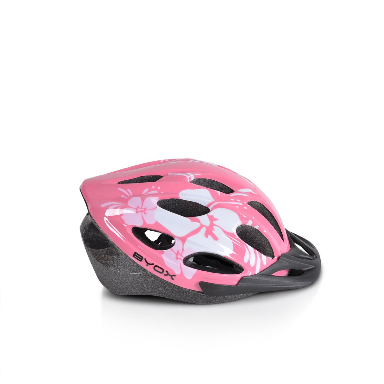 Rosa Fahrradhelm mit weißem Blumendesign. Isoliert auf weiß, Draufsicht.