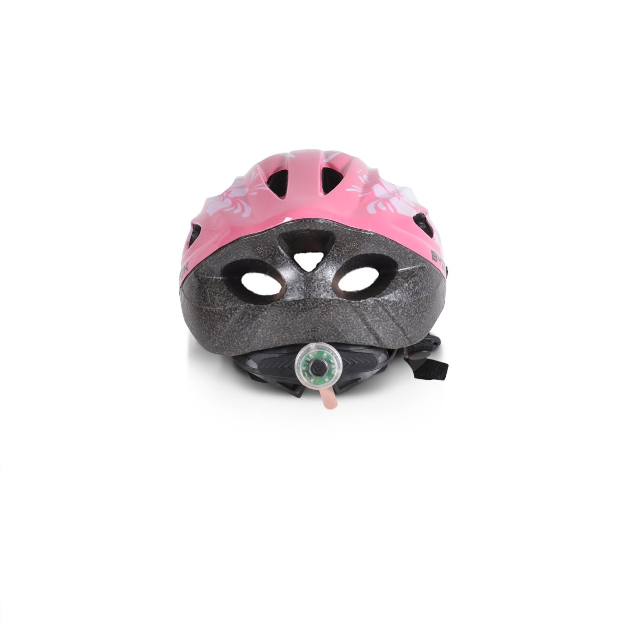 Rosa-grauer Fahrradhelm mit weißem Blumendesign auf weißem Hintergrund.