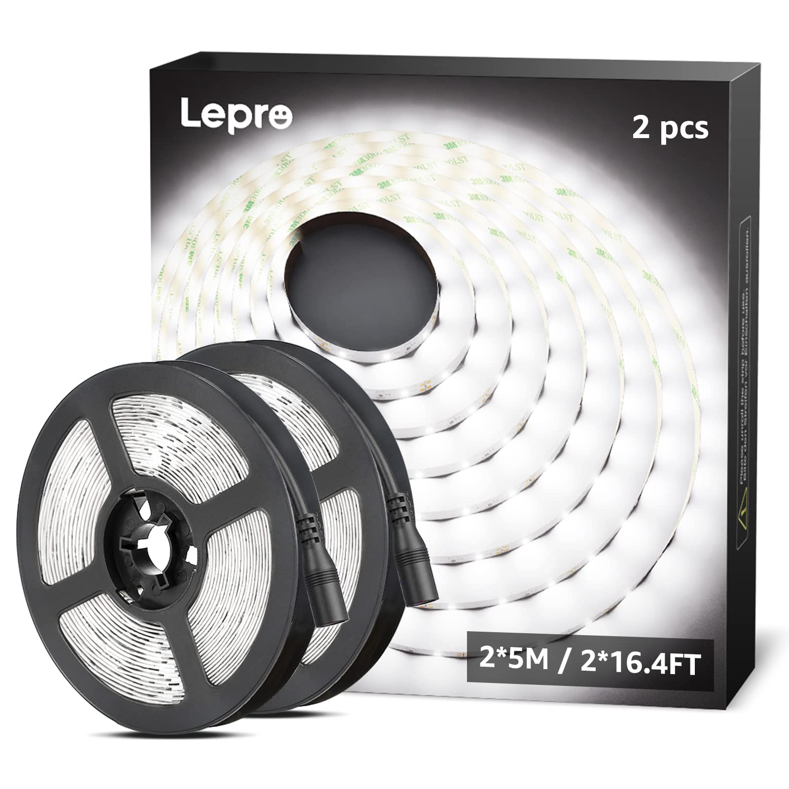 Schachtel mit zwei Rollen weißer LED-Lichtstreifen. Die Streifen sind aufgerollt und haben Anschlüsse.