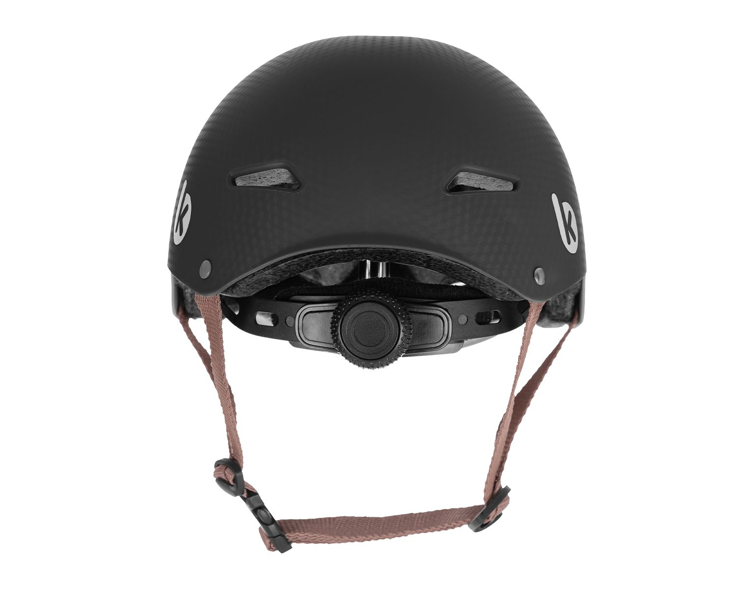 Schwarzer Fahrradhelm mit kreisförmigem, verstellbarem Drehknopf und braunen Riemen, isoliert auf Weiß.