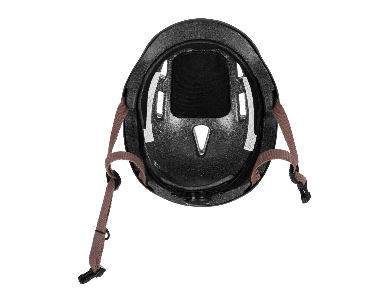 Eine Innenansicht eines schwarzen Fahrradhelms mit Riemen und Polsterung.