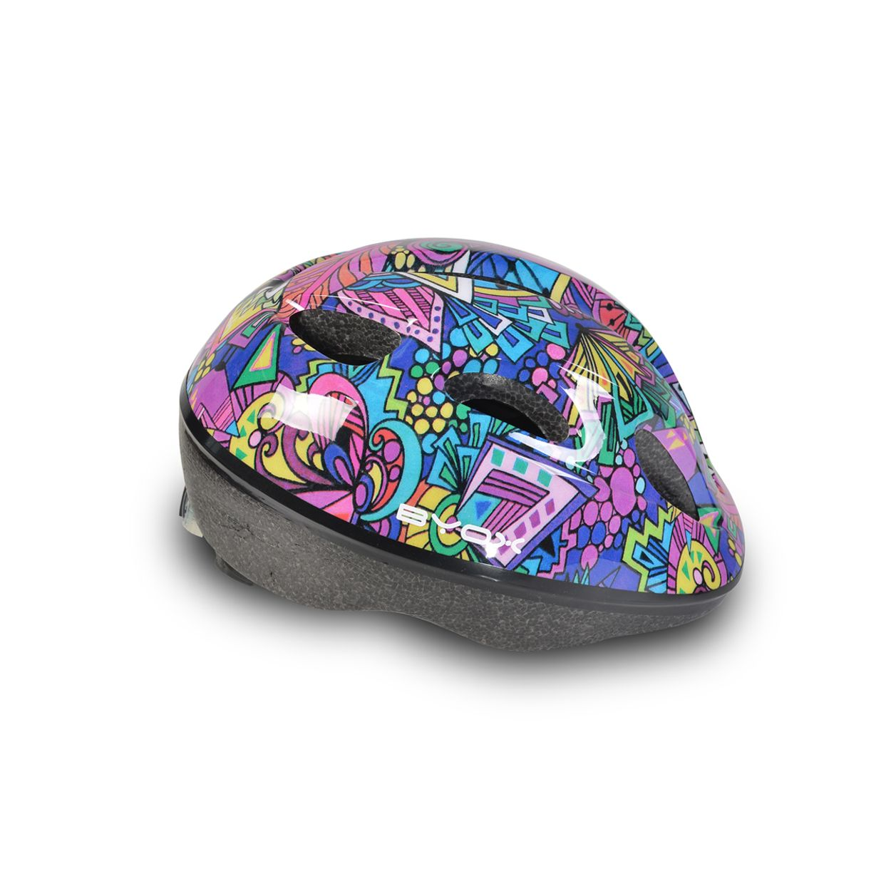 Bunter Helm mit Design, auf weißem Hintergrund.