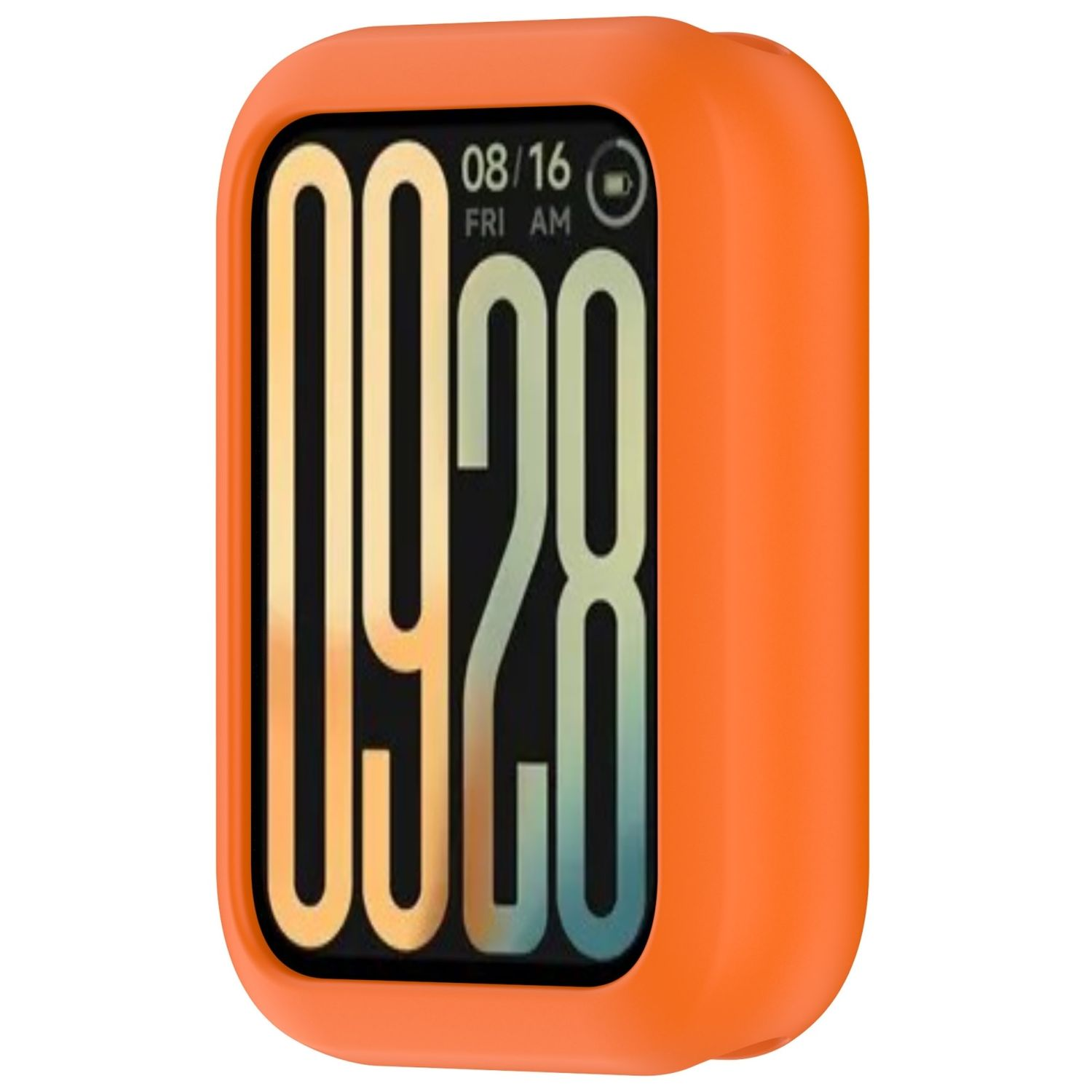 Custodia arancione per smartwatch con schermo che mostra data e ora.