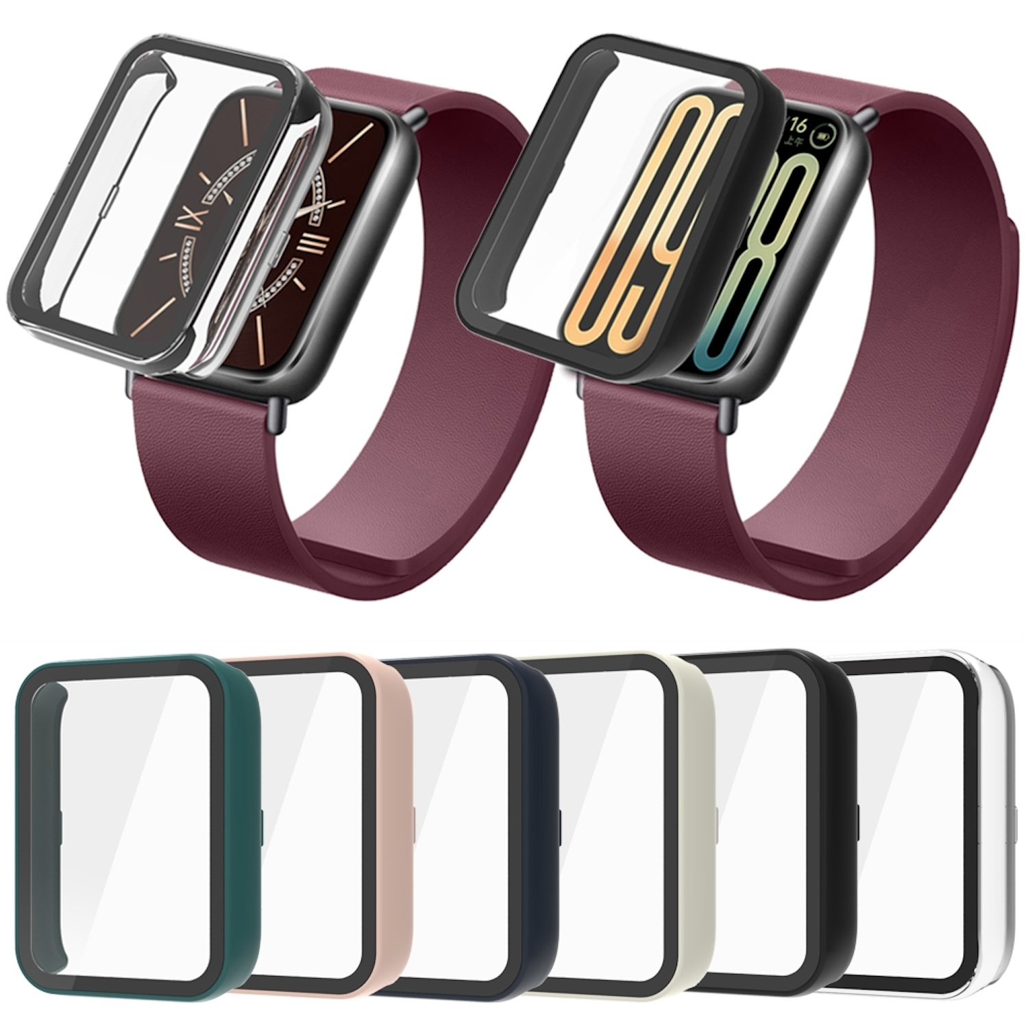 Smartwatch con custodie di diversi colori su un cinturino rosso scuro. Le custodie sono trasparenti e colorate.