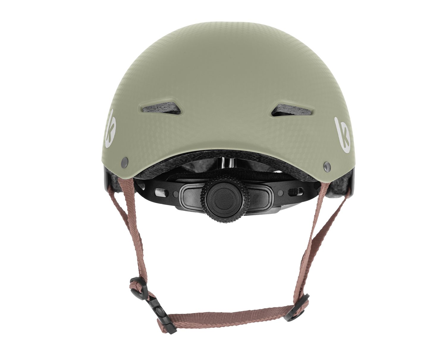 Grüner Helm mit weißen Logos, braunen Riemen und einem schwarzen Verstellrad auf weißem Hintergrund.