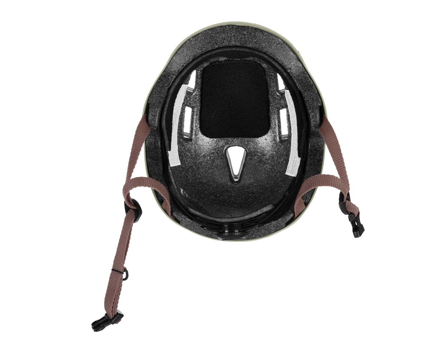Innenansicht eines grün-schwarzen Helms mit Riemen auf weißem Hintergrund.