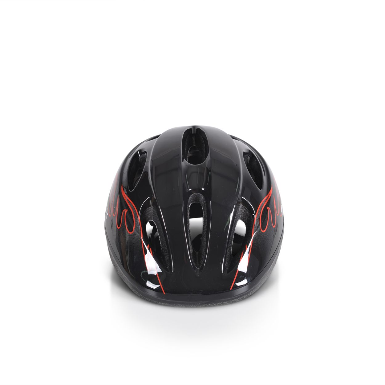 Schwarzer Helm mit rotem Flammenmuster. Weißer Hintergrund.