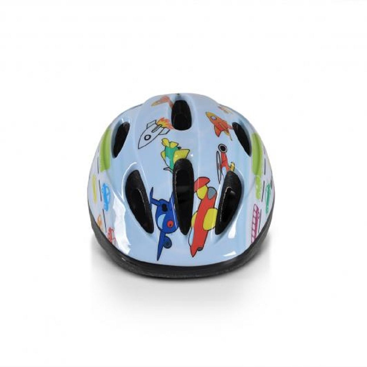 Blauer Helm mit Cartoon-Raketen und Formen. Schwarze Belüftungen, weißer Hintergrund.