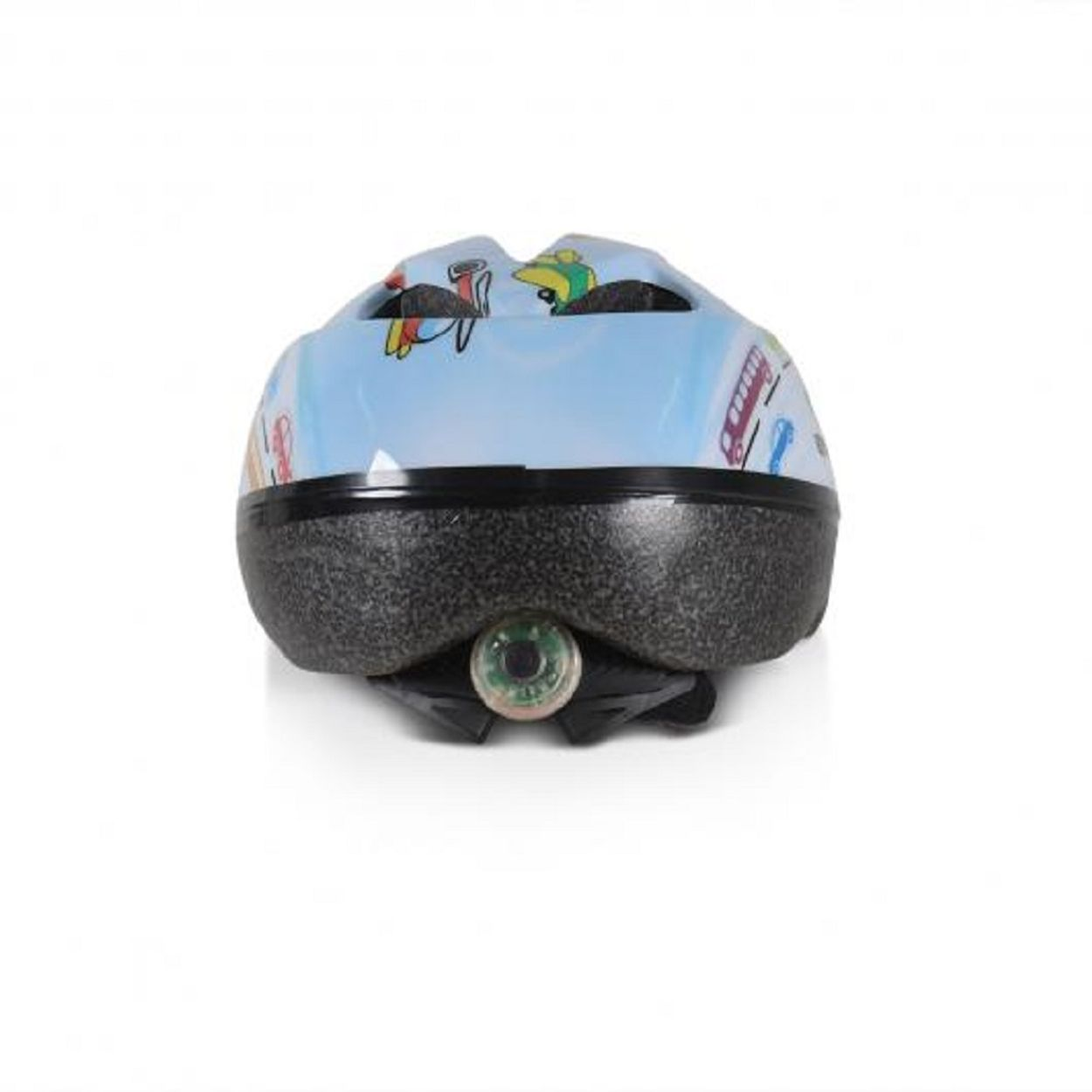 Ein blauer und schwarzer Kinderhelm mit Zeichnungen von Fahrzeugen. Er hat ein Rücklicht.