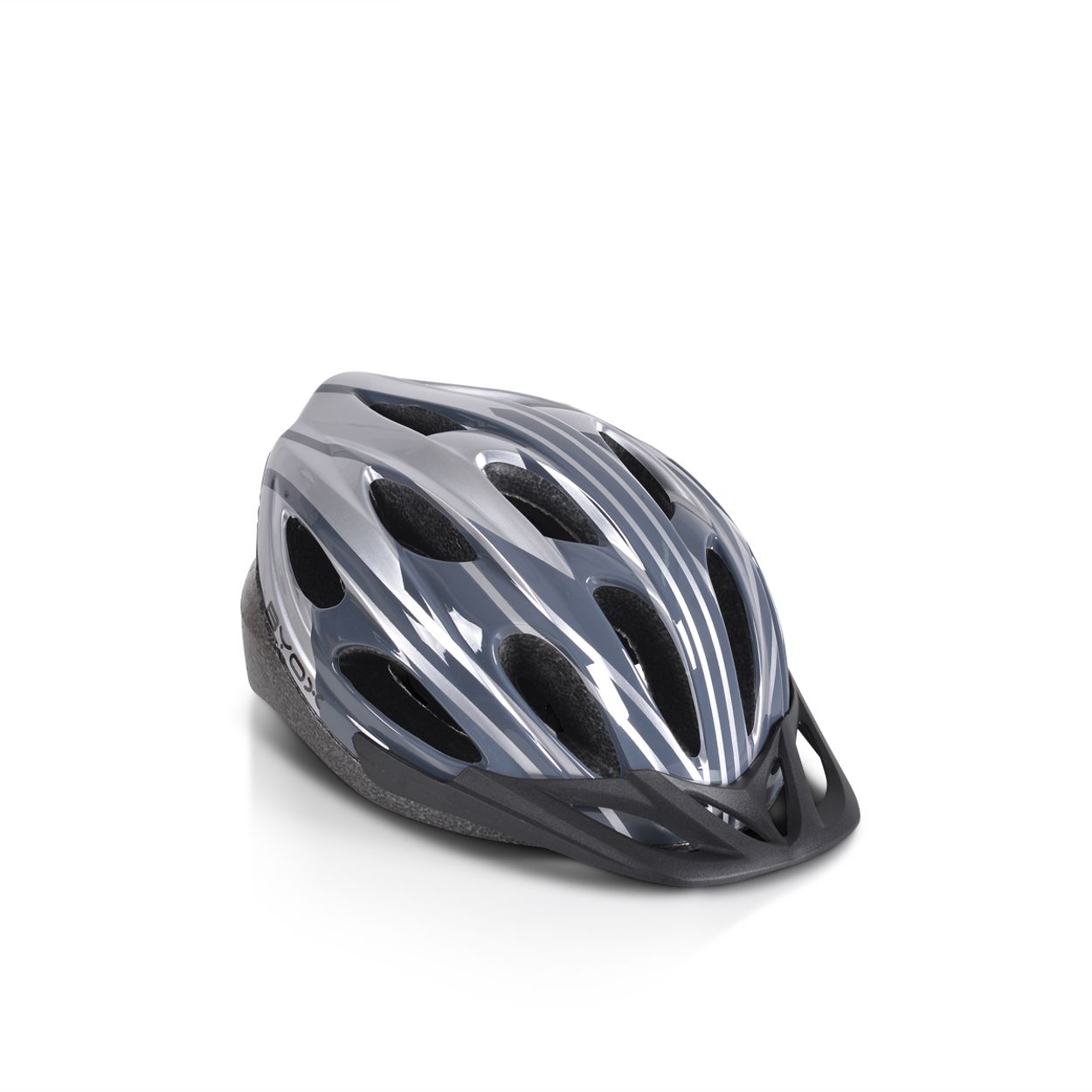 Ein grauer Fahrradhelm, von der Seite angewinkelt. Er hat Streifen und der Schirm ist schwarz.