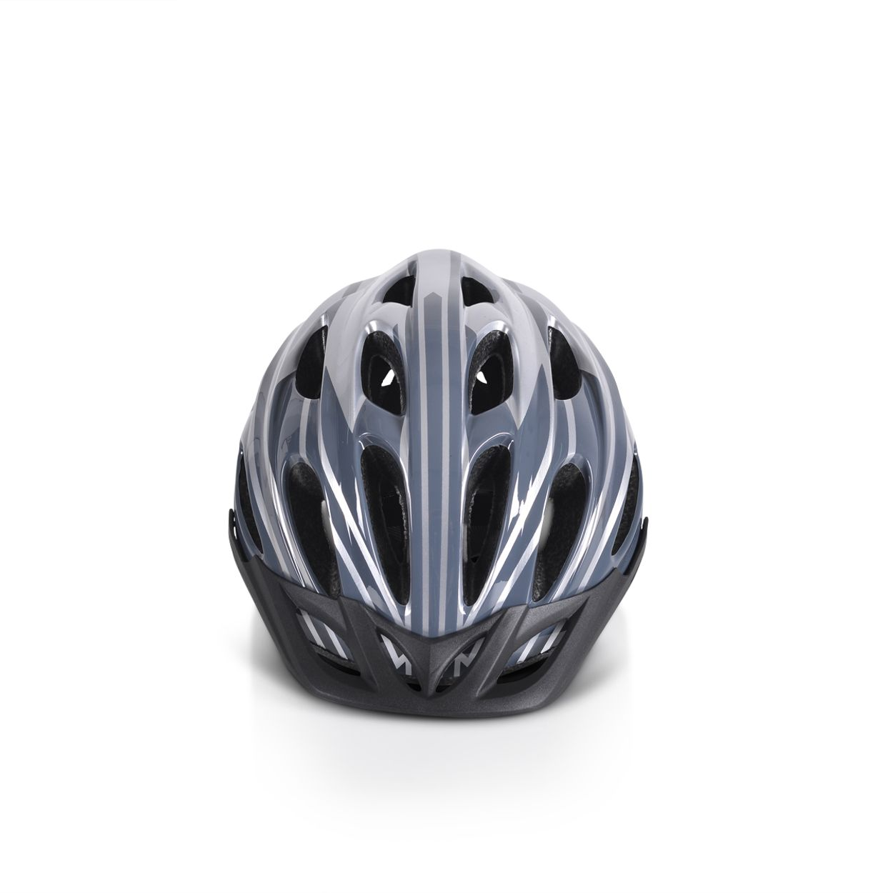 Ein grauer und schwarzer Fahrradhelm. Er wird aus der Vogelperspektive auf einer weißen Oberfläche gesehen.