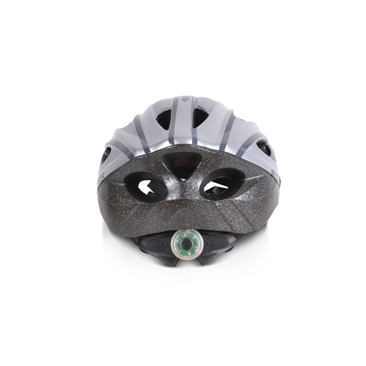 Grauer Fahrradhelm, Draufsicht, mit Belüftungsöffnungen und Rücklicht. Weißer Hintergrund.