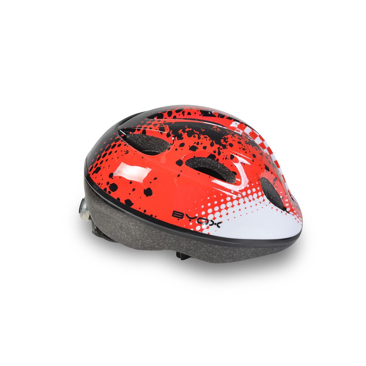 Ein roter, weißer und schwarzer Fahrradhelm mit Visier und Luftschlitzen.