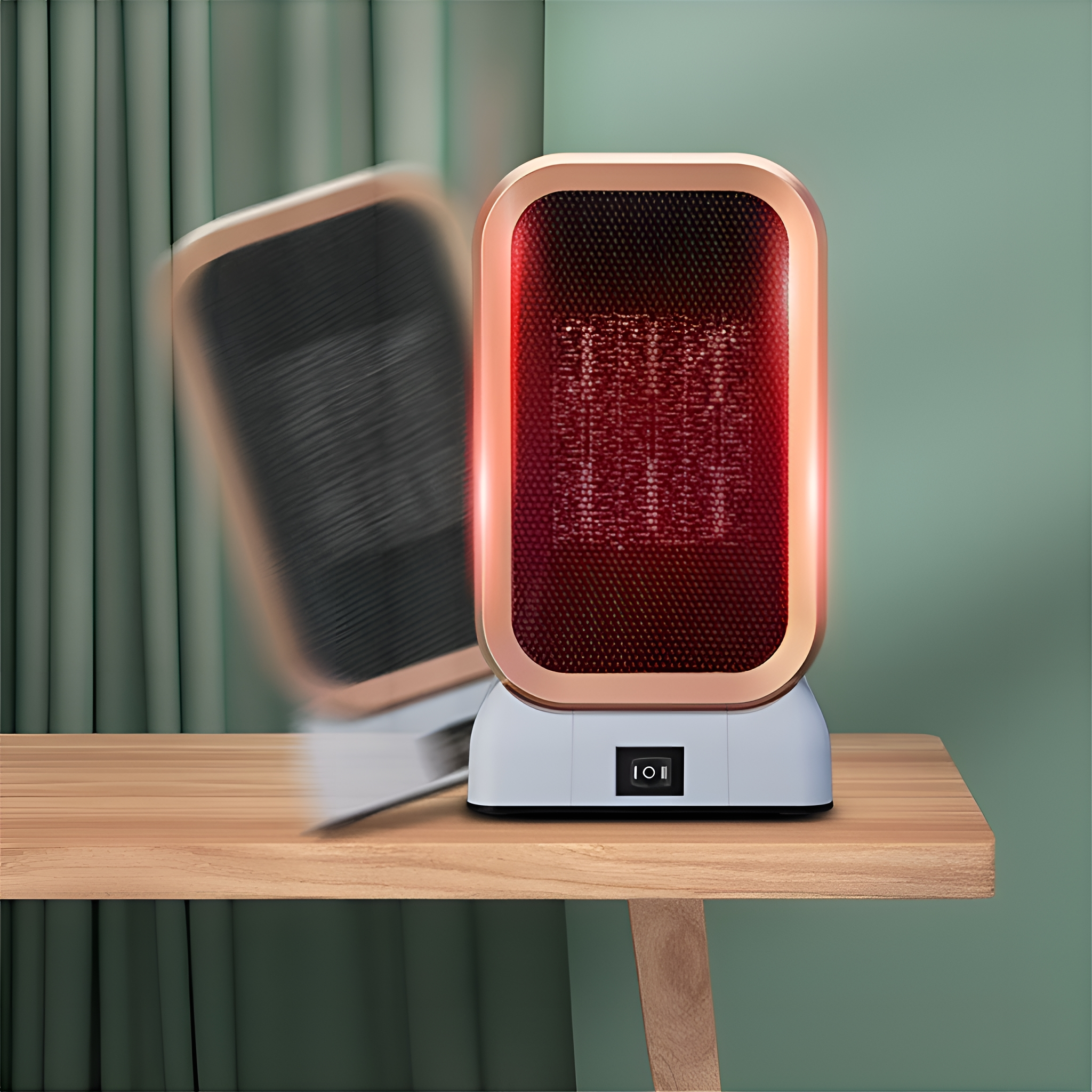 Ein roter und goldener elektrischer Heizlüfter auf einem Holztisch. Ein weiterer Heizlüfter ist unscharf im Hintergrund.