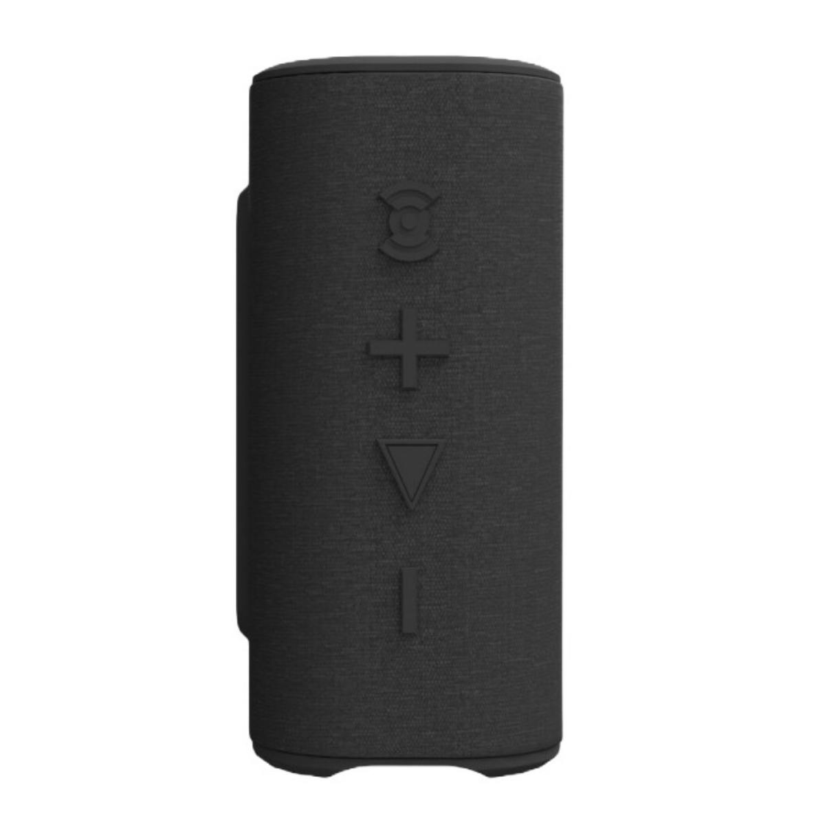 Haut-parleur recouvert de tissu noir avec boutons de contrôle du volume. Le fond est blanc.