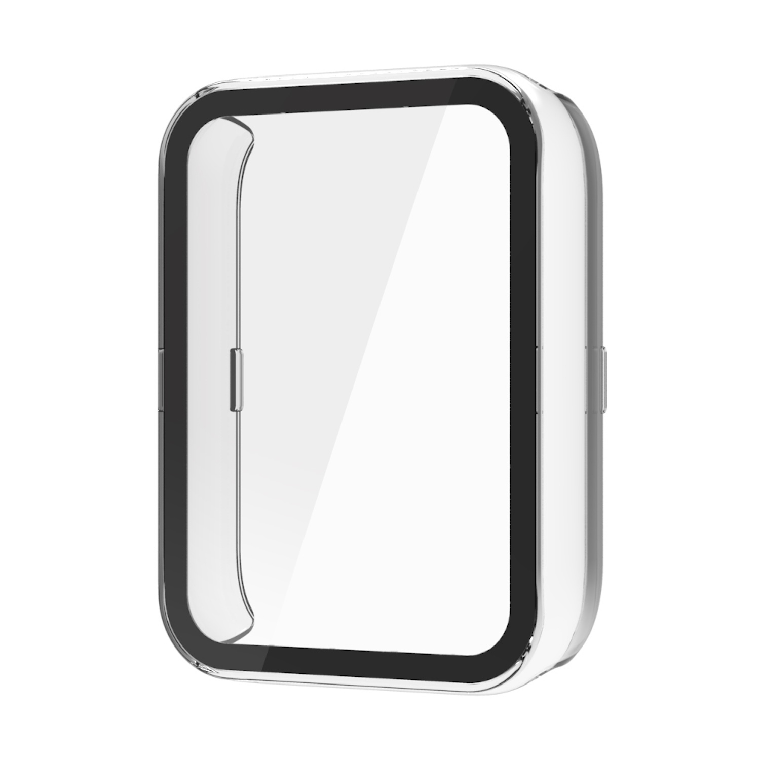 Custodia trasparente per smartwatch con bordi neri. È su sfondo bianco.