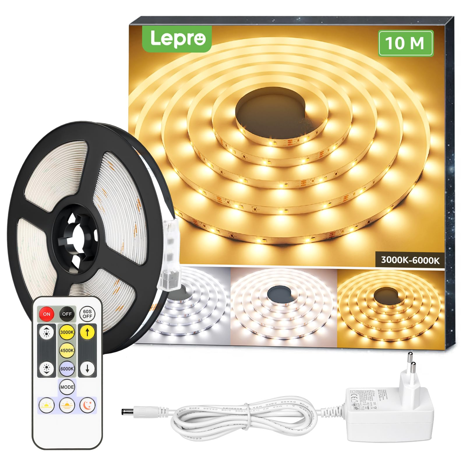 LED-Streifenlichter in einer Box mit Fernbedienung, Netzteil und einer Rolle mit Lichtern.