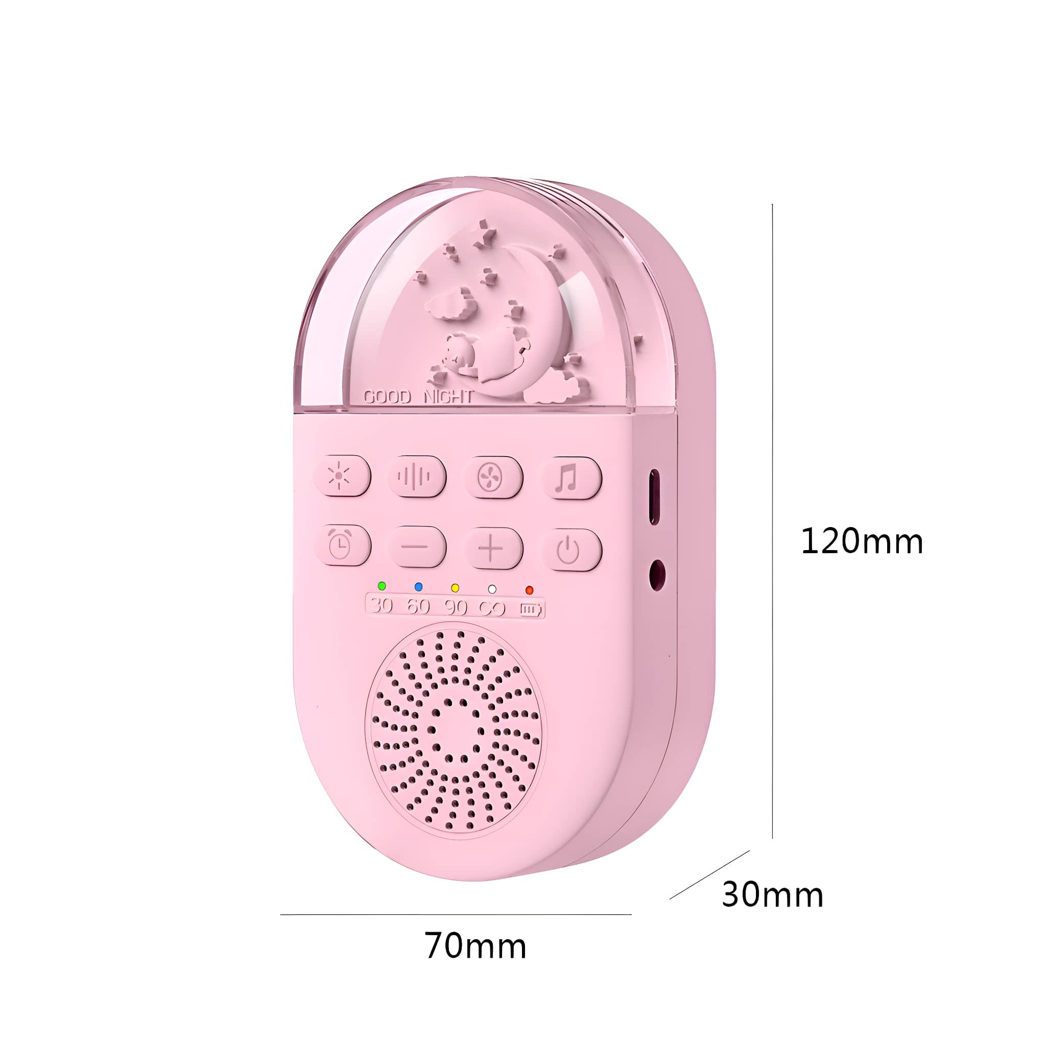 Rosa Nachtlicht/Soundmaschine mit Abmessungen, Mond, Sterne und Knöpfe auf Weiß.